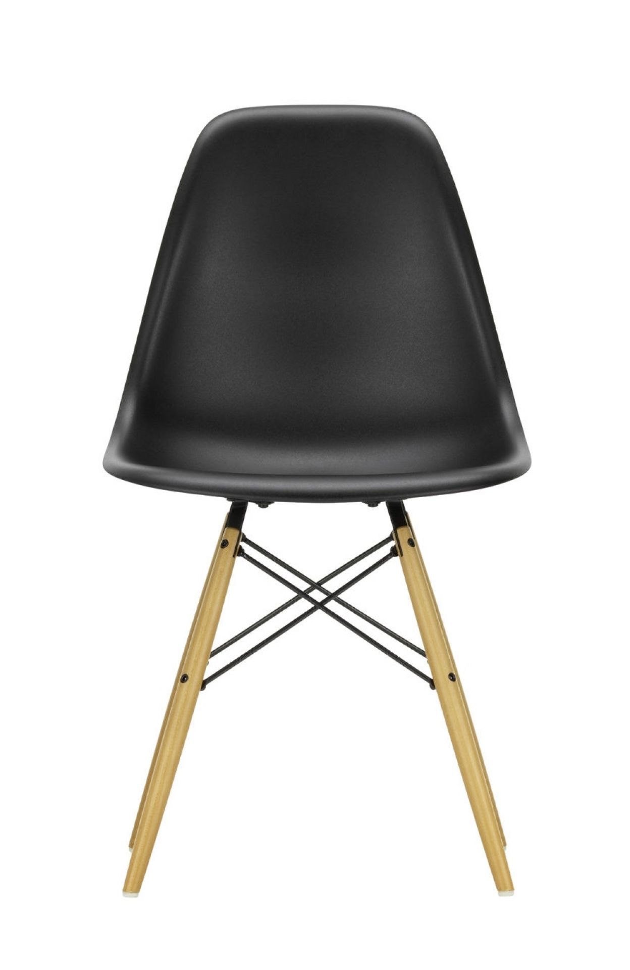 Schwarzer Eames Side Chair mit Ahorn-Holzbeinen, ein Designklassiker von Vitra für modernes Wohnen.
