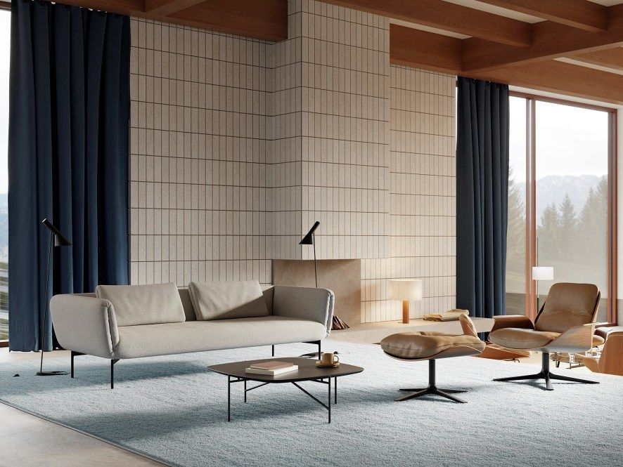 Wohnzimmer mit Prostoria Sofa, Sessel und Hocker. Modernes Möbeldesign für stilvolles Wohnen.