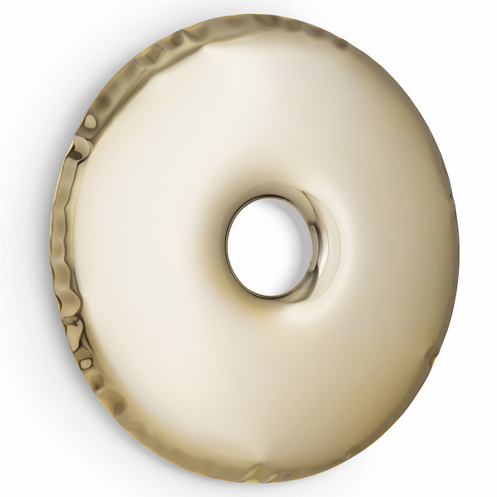 Runder, goldener Design-Spiegel von Zieta mit Loch in der Mitte. Modernes Wohnaccessoire.