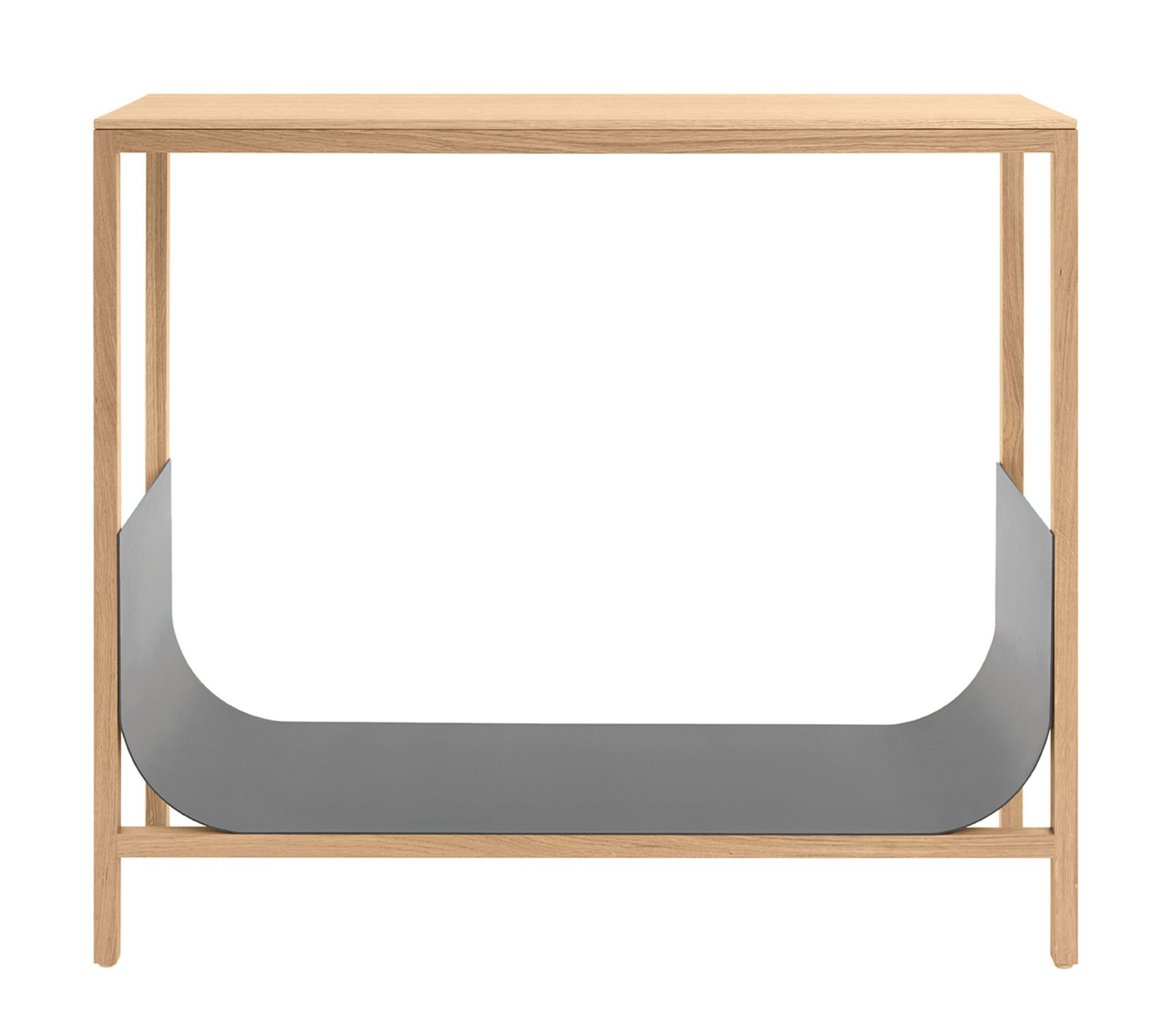 Schönbuch Tub Konsoltisch aus Eiche mit grauer Ablage für Zeitschriften, modernes Möbeldesign.