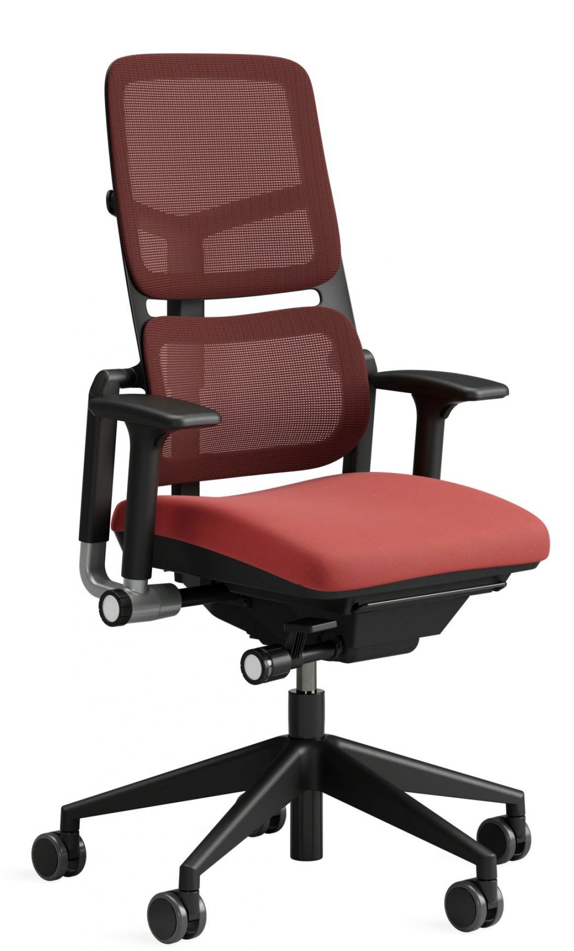 Steelcase Please Air Bürostuhl mit rotem Netzrücken und schwarzem Fußkreuz, ergonomischer Arbeitsstuhl.