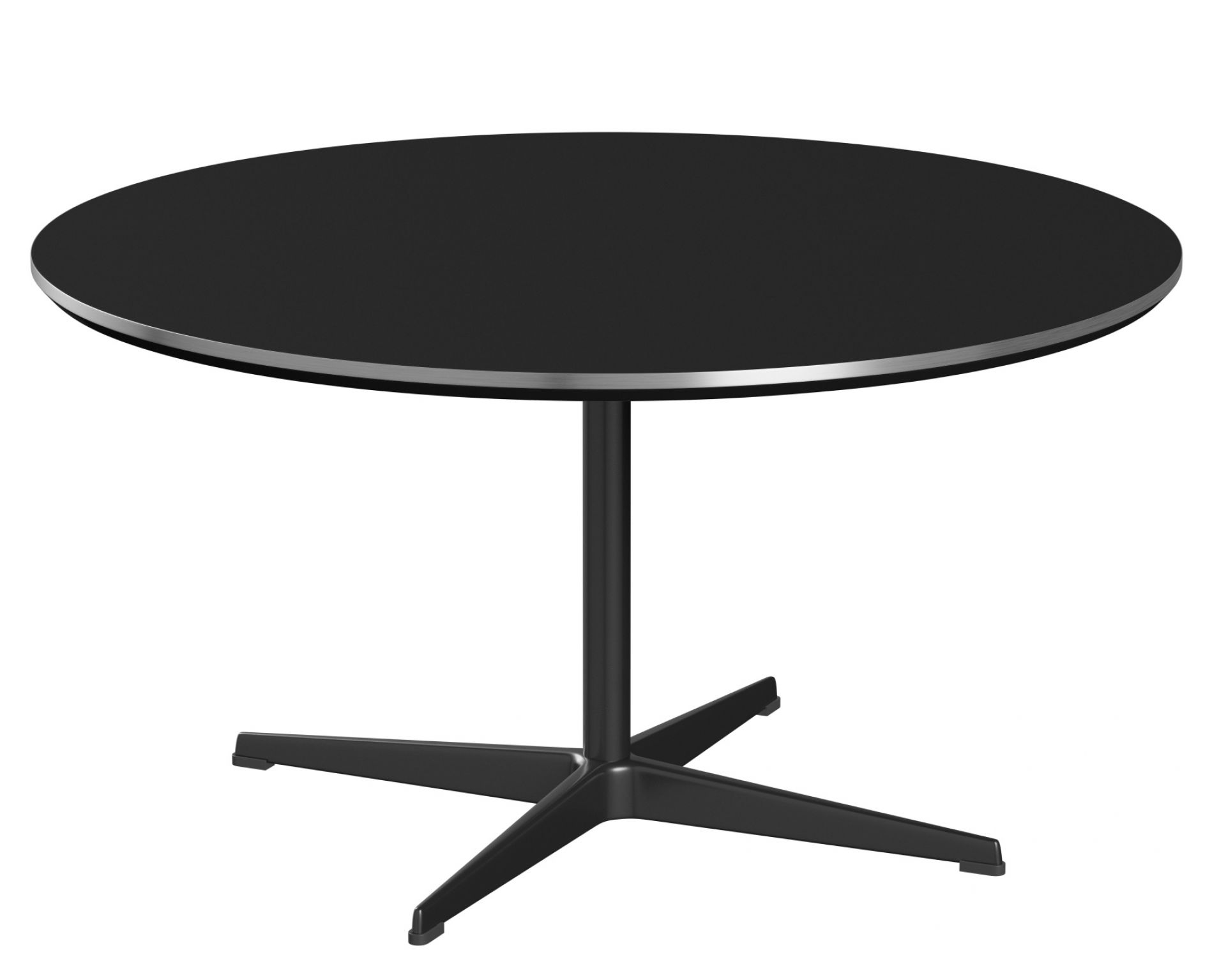 Schwarzer, runder Couchtisch von Fritz Hansen mit filigranem Metallrand und sternförmigem Fußgestell.