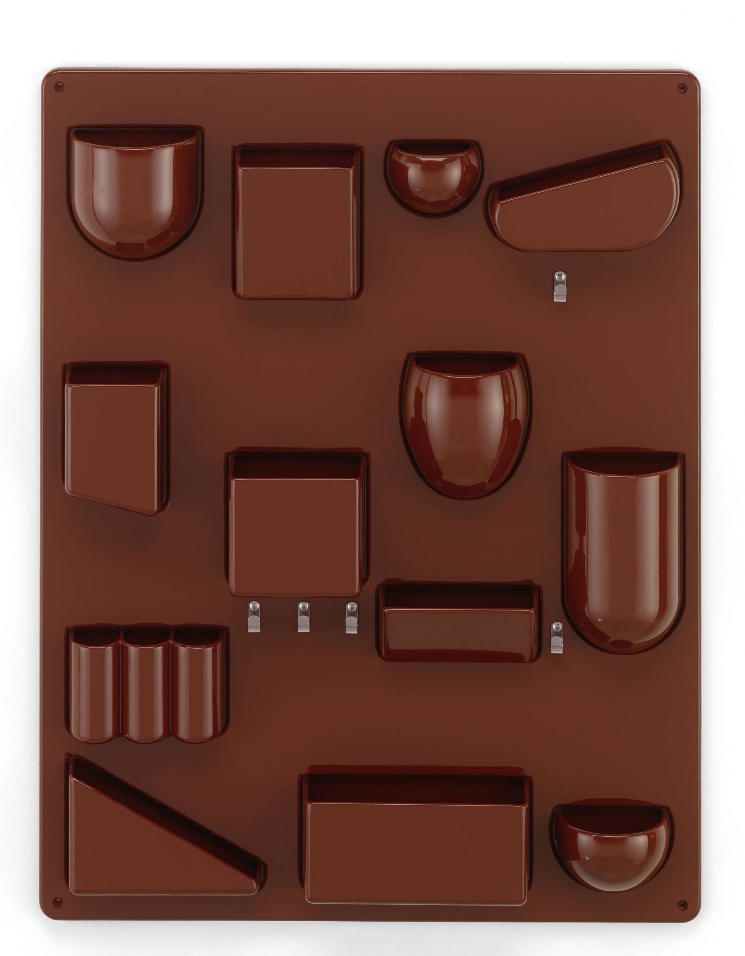 Braunes Uten.Silo RE II Ordnungssystem von Vitra mit verschiedenen Fächern und Haken zur Wandmontage für Büro oder Zuhause.