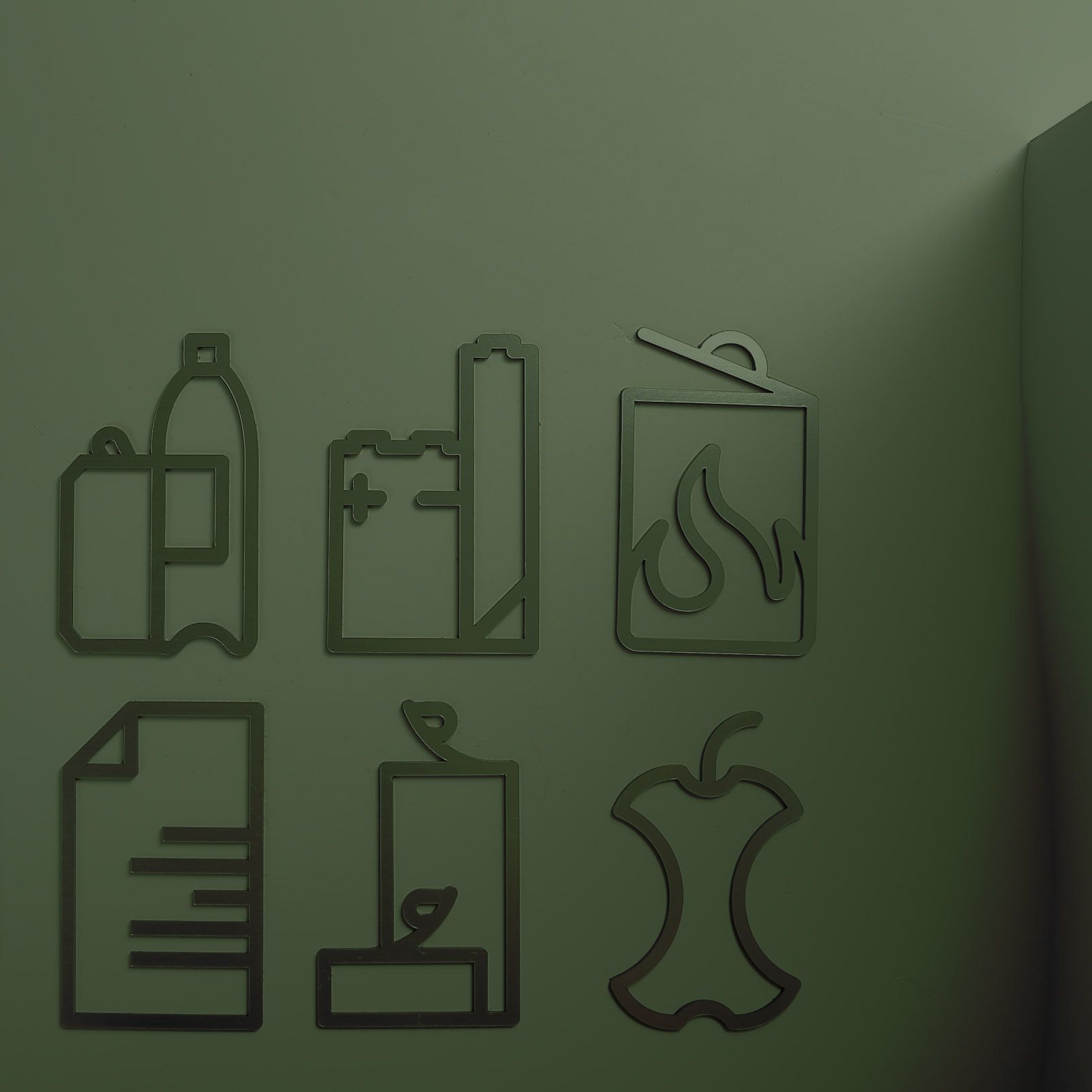 Mizetto Mülltrennung Symbole: Icons für Plastik, Batterien, Papier, Biomüll und Restmüll.