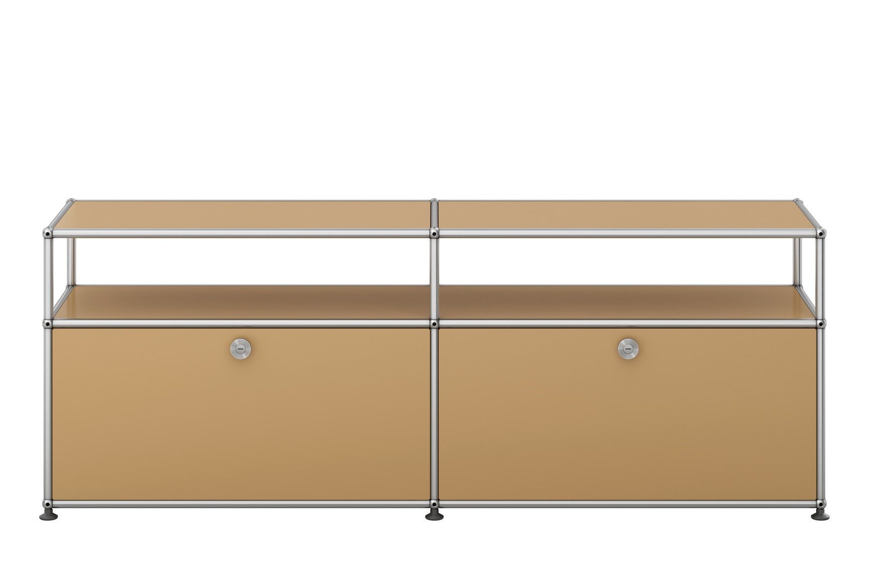 Beiges USM Haller Sideboard für TV und Hi-Fi mit zwei Schubladen und offenen Fächern.