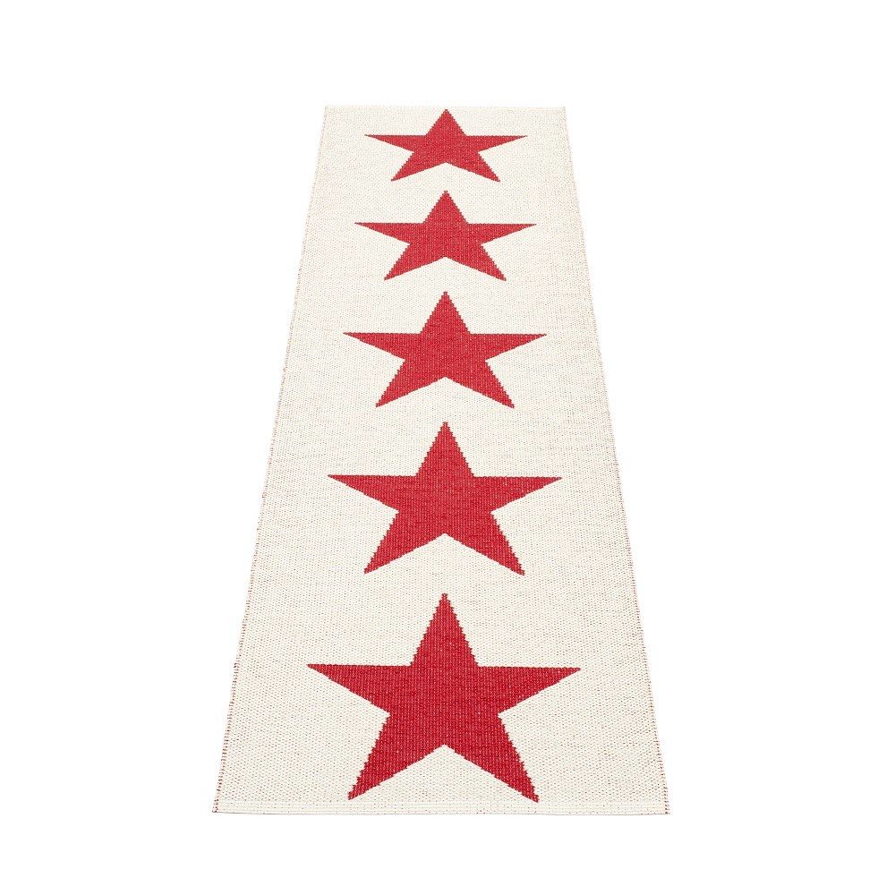 Viggo One Kunststoffteppich 70x250 cm Pappelina Rot mit fünf roten Sternen auf beigem Grund.