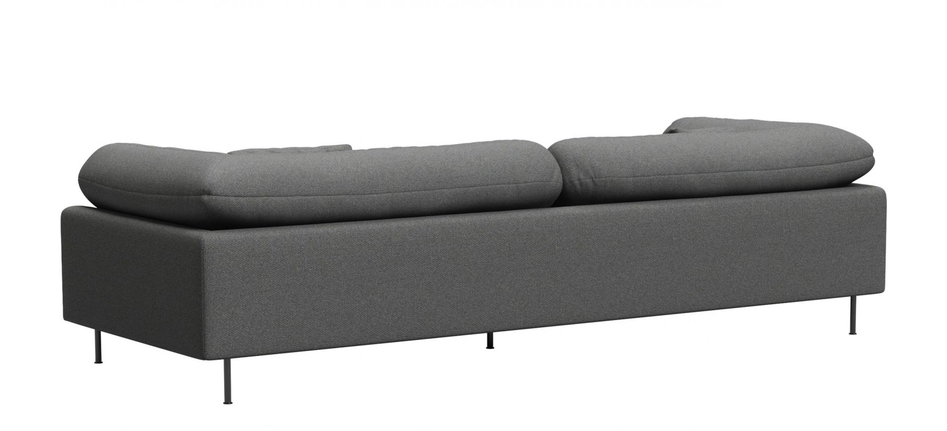 Rückansicht des grauen Collar Sofas von Woud, ein moderner 3-Sitzer mit minimalistischem Design.