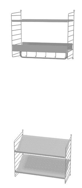 Graues String Regal-Set für den Flur mit Ablage, Hakenleiste und Schuhregal.