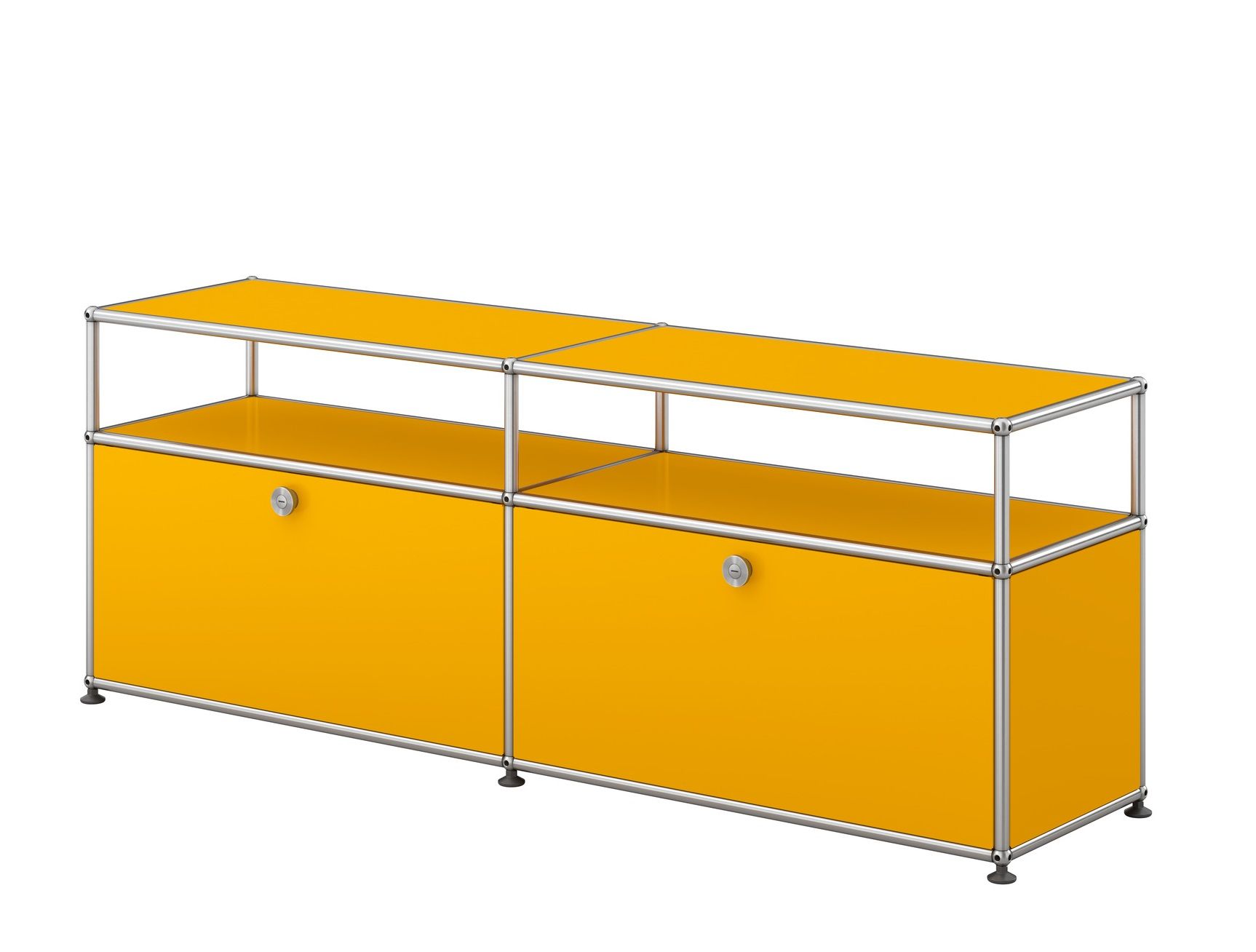 Goldgelbes USM Haller Sideboard für TV und Hi-Fi, modernes modulares Möbeldesign mit zwei Fächern.