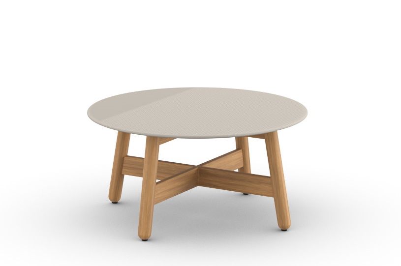 Runder Mbrace Kaffeetisch von Dedon mit beiger Tischplatte und Holzgestell für Garten und Terrasse.