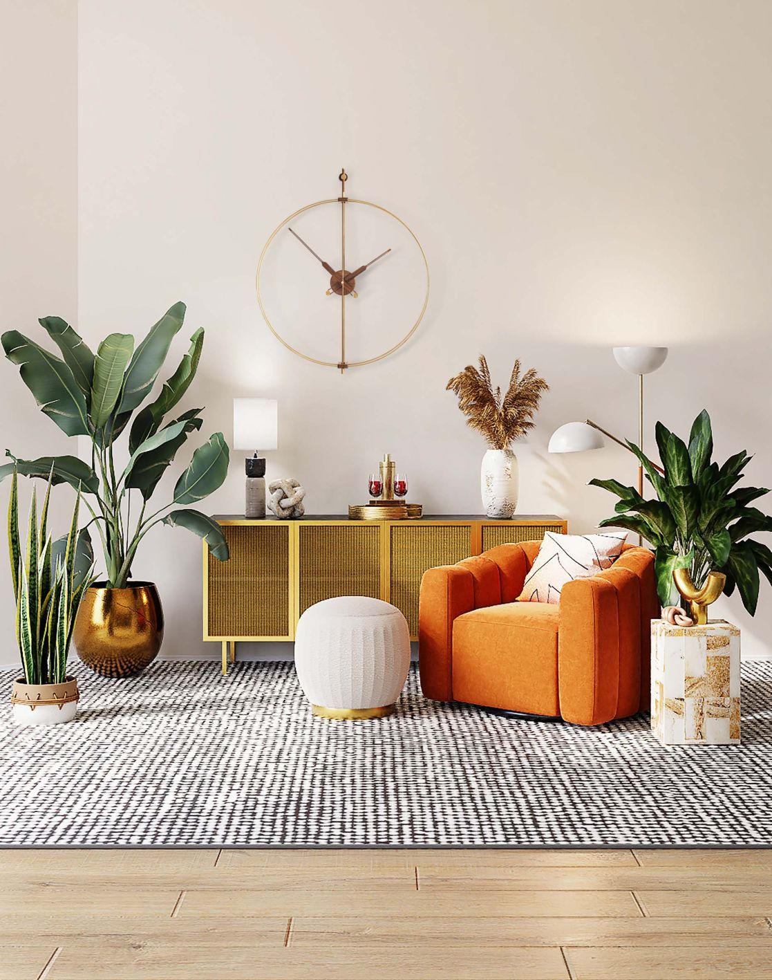 Wohnzimmer mit Nomon Mini Barcelona Gold Uhr, Ø66cm, an der Wand.