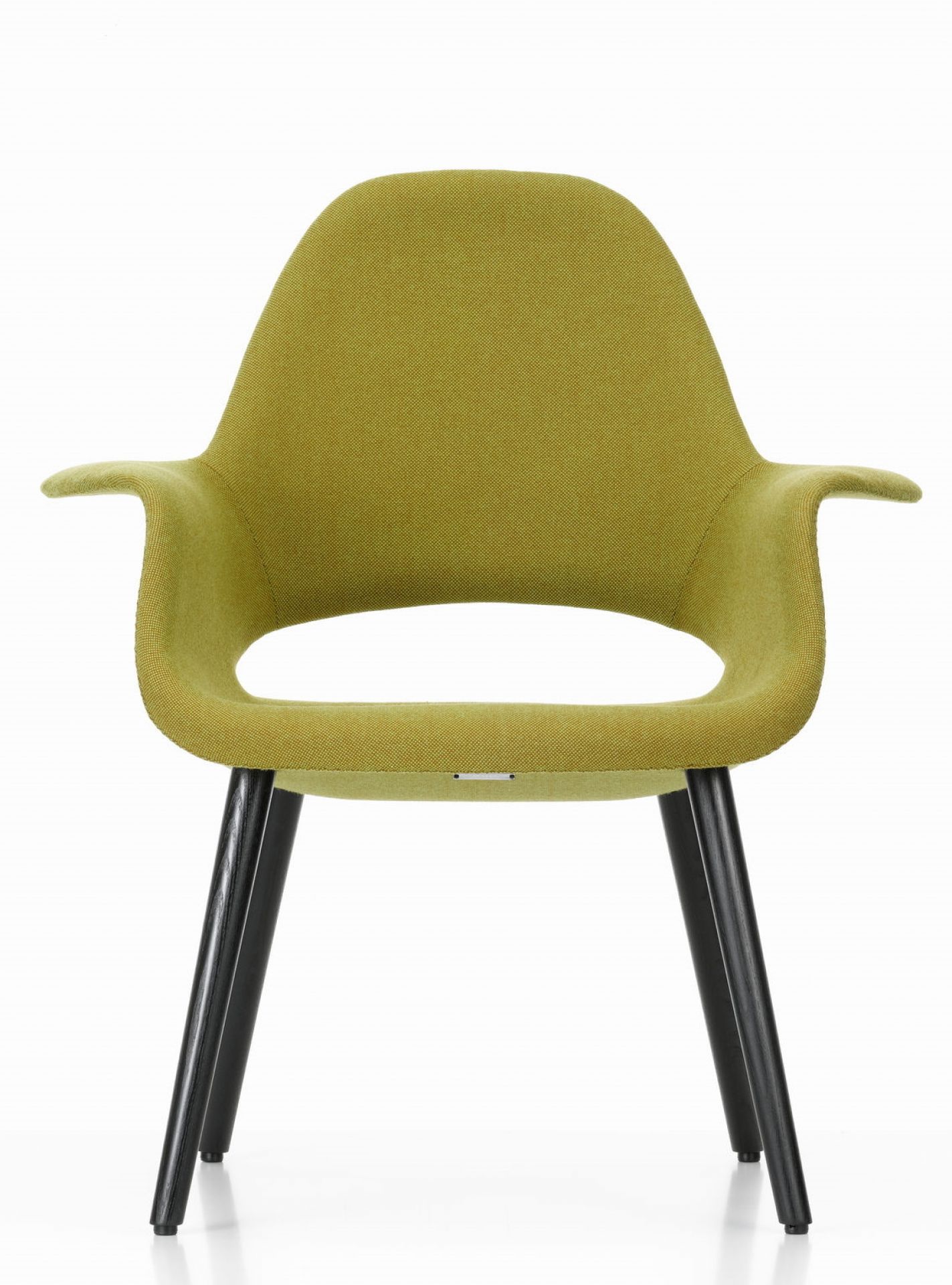 Grüner Organic Chair Stuhl von Vitra mit Armlehnen und schwarzen Holzbeinen. Designklassiker.