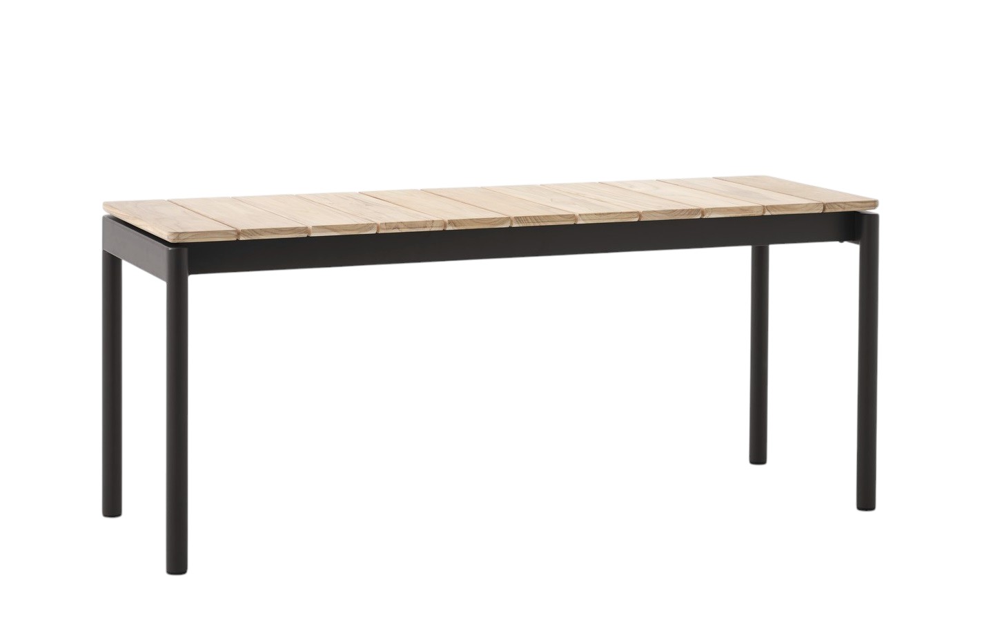 AndTradition Ville AV27 Outdoor Bank mit hellem Holz und schwarzem Metallgestell.