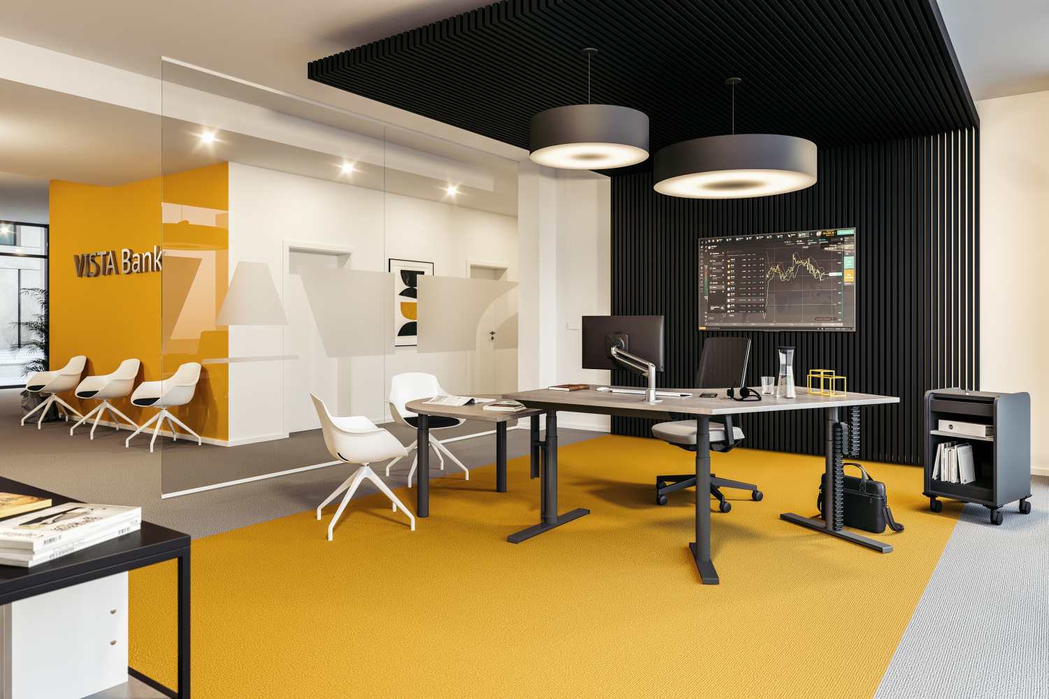 Innenaufnahme: Triest Pyramiden Sockel Stuhl drehbar von Assmann in modernem Büro mit höhenverstellbaren Schreibtischen.