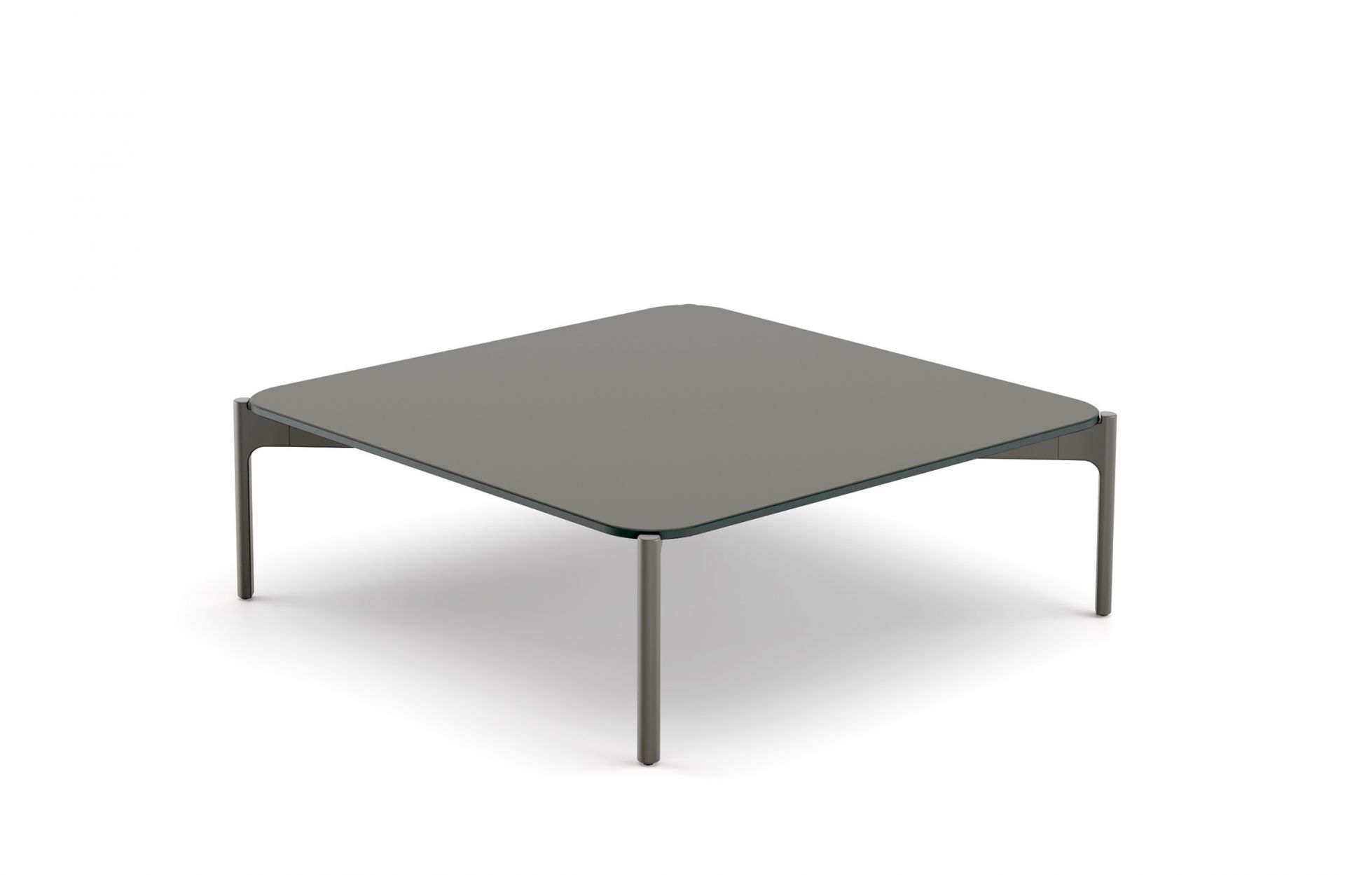 Izon Kaffeetisch von Dedon, quadratisch, 80x80cm, mit grauer Tischplatte und schlanken Beinen.