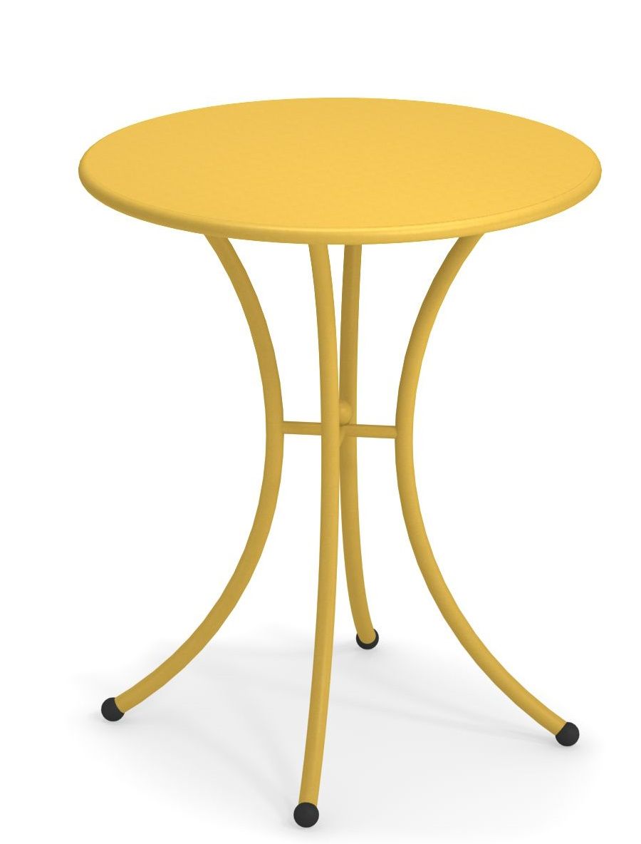 Gelber Pigalle Tisch von Emu für den Außenbereich, runder Metalltisch mit drei Beinen.