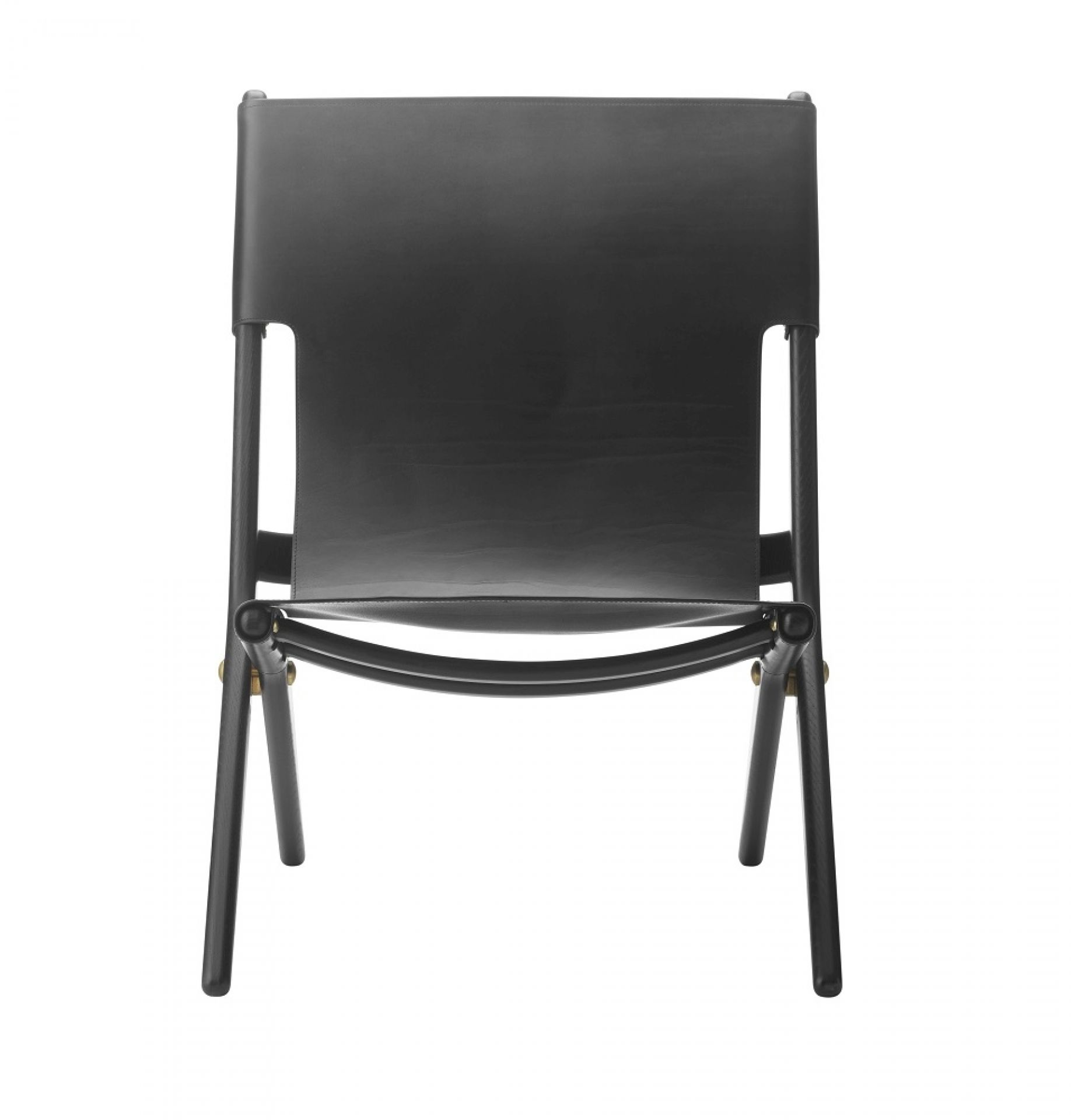 Saxe Chair: Schwarzer Ledersessel mit schwarz gebeiztem Eichenholzgestell, Ansicht von vorne. Designklassiker.