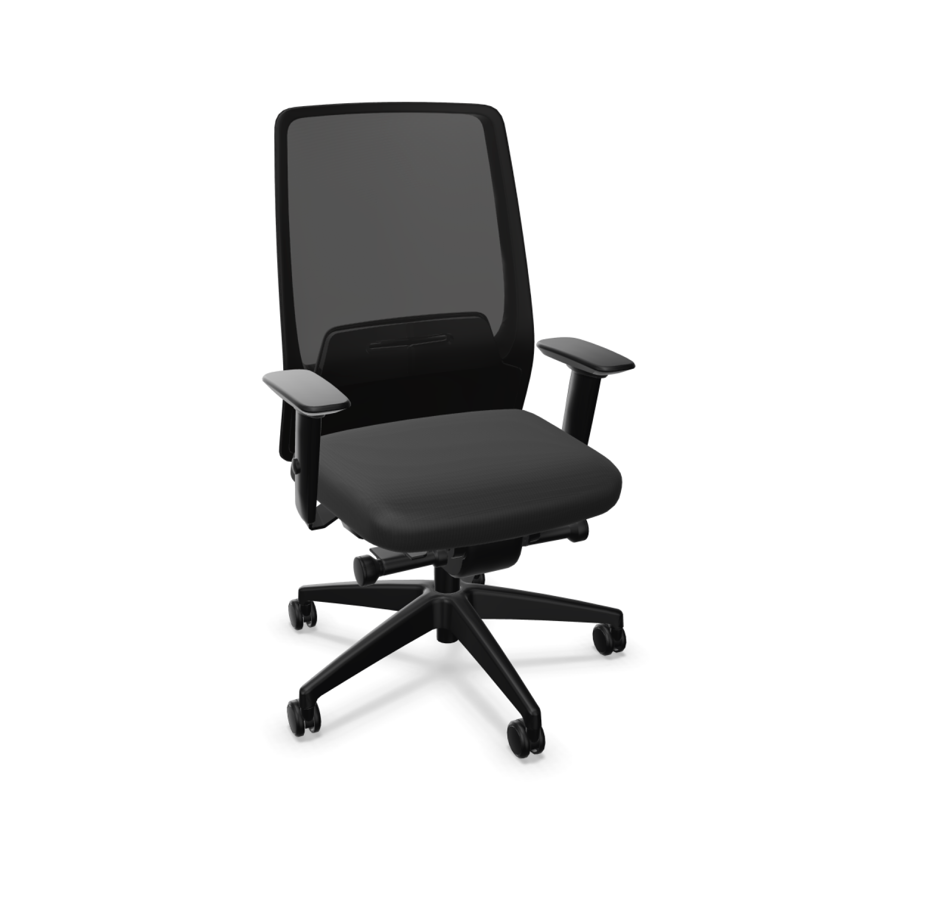 Schwarzer Aim Bürostuhl von Interstuhl mit Netzrücken und verstellbaren Armlehnen für ergonomisches Sitzen.
