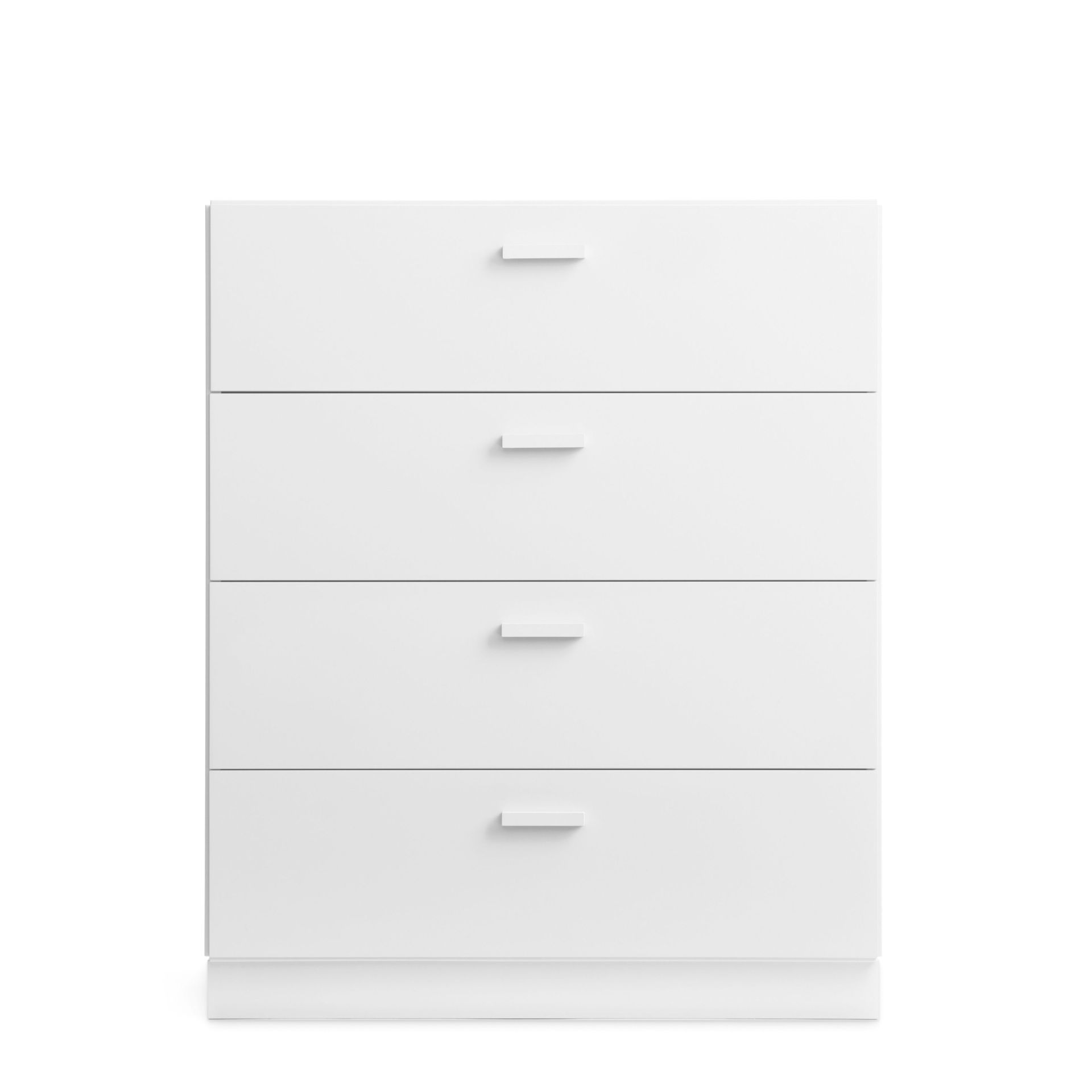 Weiße Relief Kommode von String Furniture mit vier Schubladen und Sockel. Modernes Design.