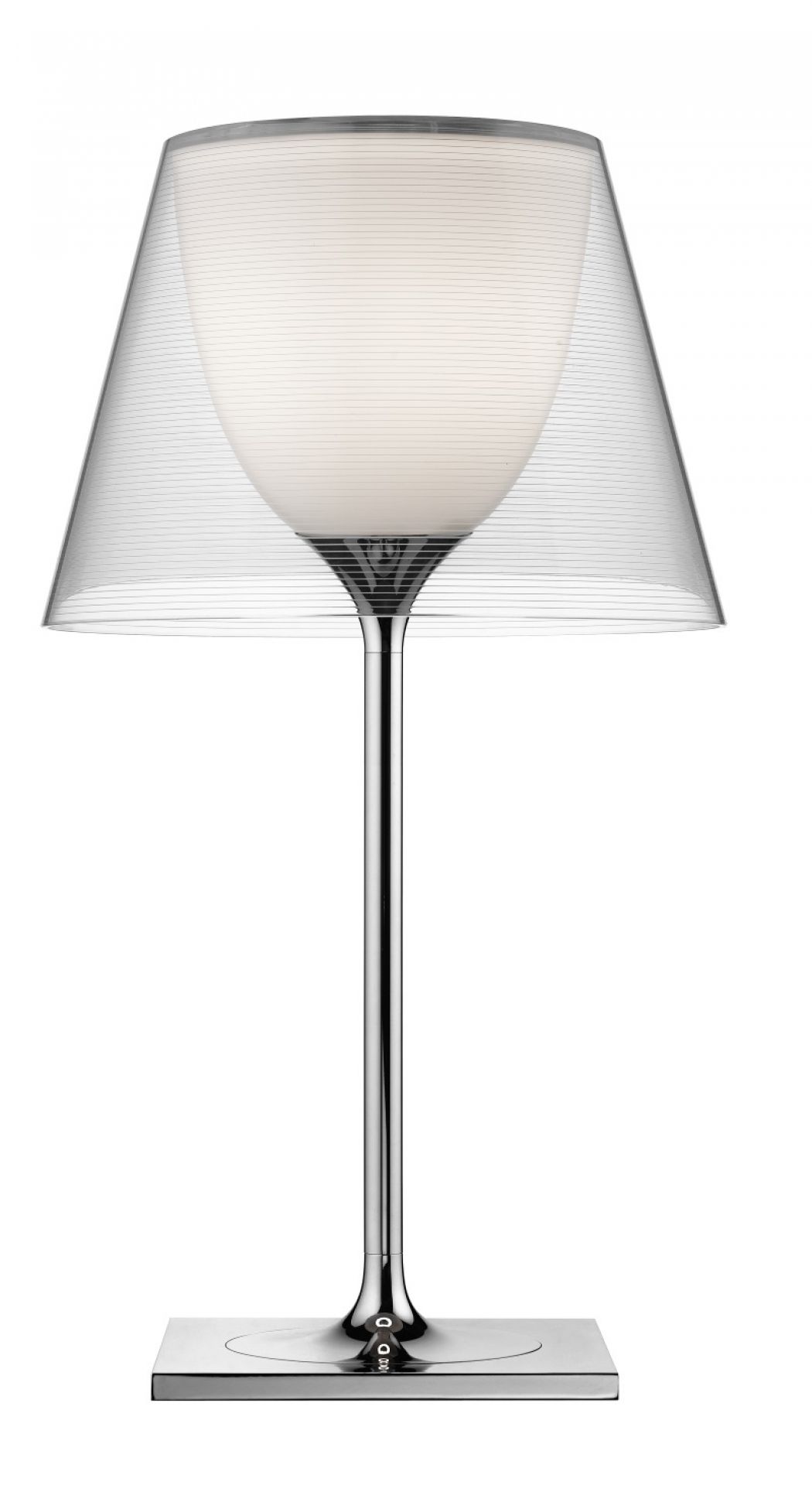 Ktribe T1 Tischleuchte von Flos: Moderne Tischlampe mit transparentem Schirm und Chromfuß.