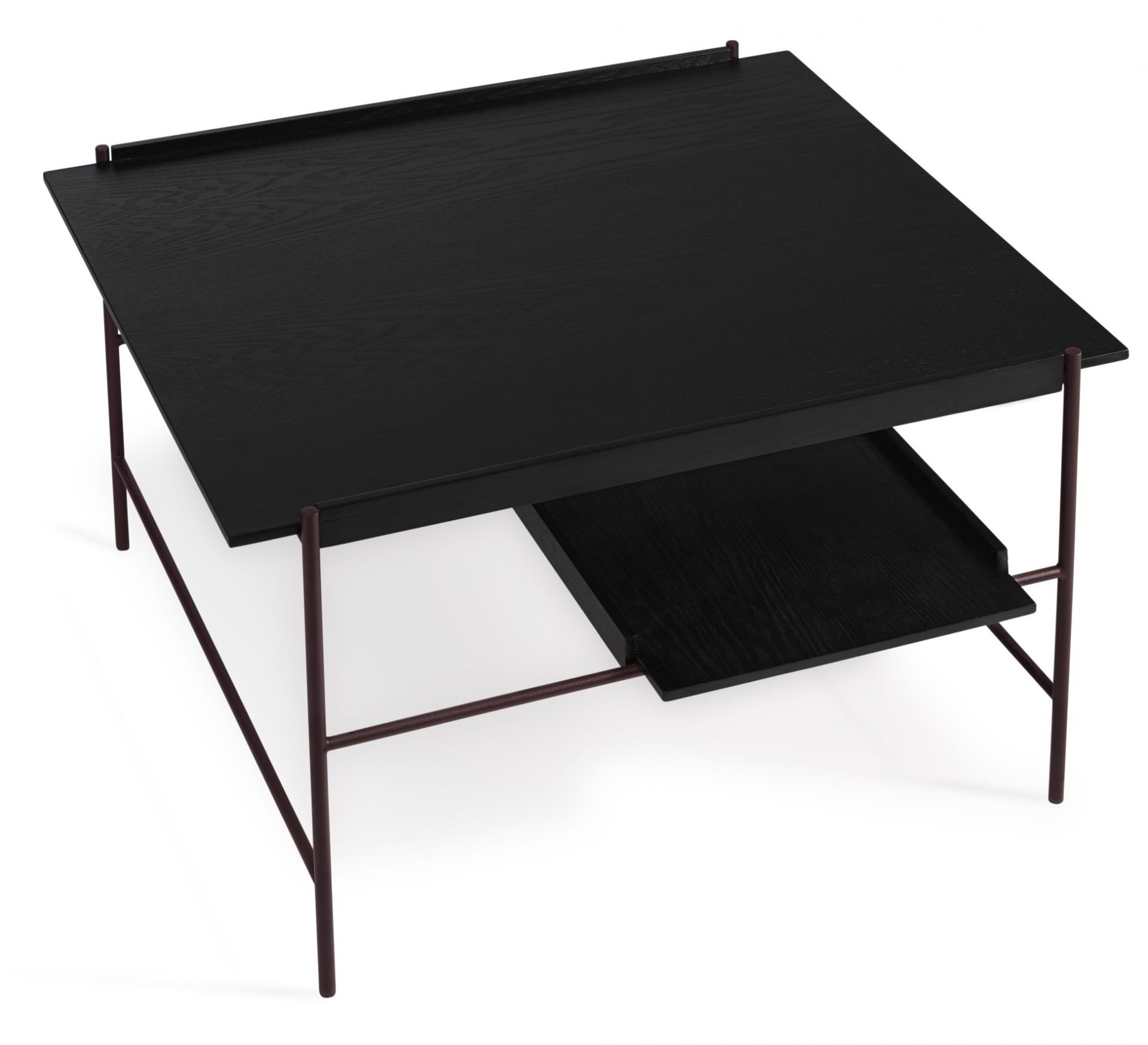 Schwarzer Kanso Couchtisch von Please Wait to be seated mit Ablage und filigranem Metallgestell.