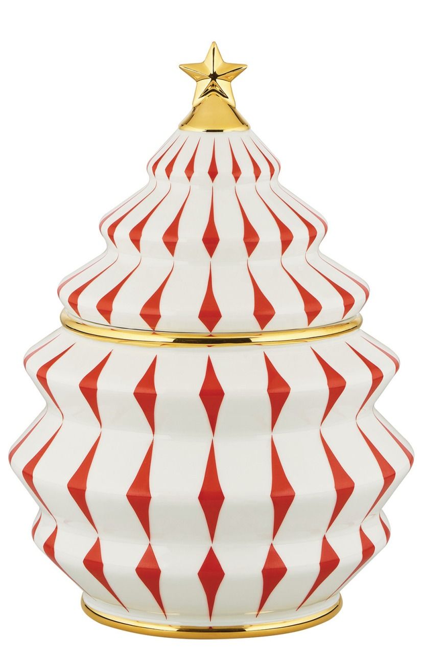 Alessi Keksdose NZ02 Delight in Tannenbaumform, weiß mit roten Rauten und goldenem Stern.