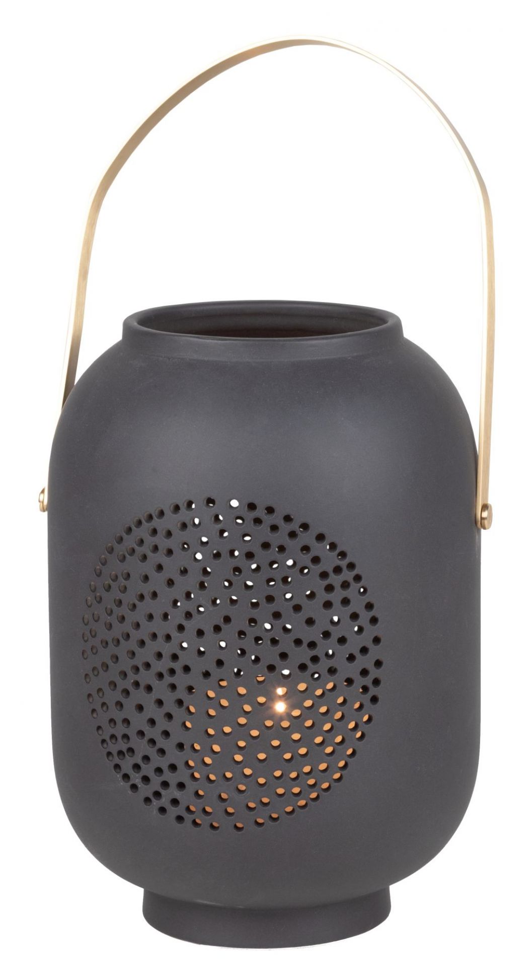 Zuhausesein Laterne Mond Räder: Schwarze Keramik Laterne mit goldenem Henkel und Mond-Lochmuster, stimmungsvolle Dekoration.