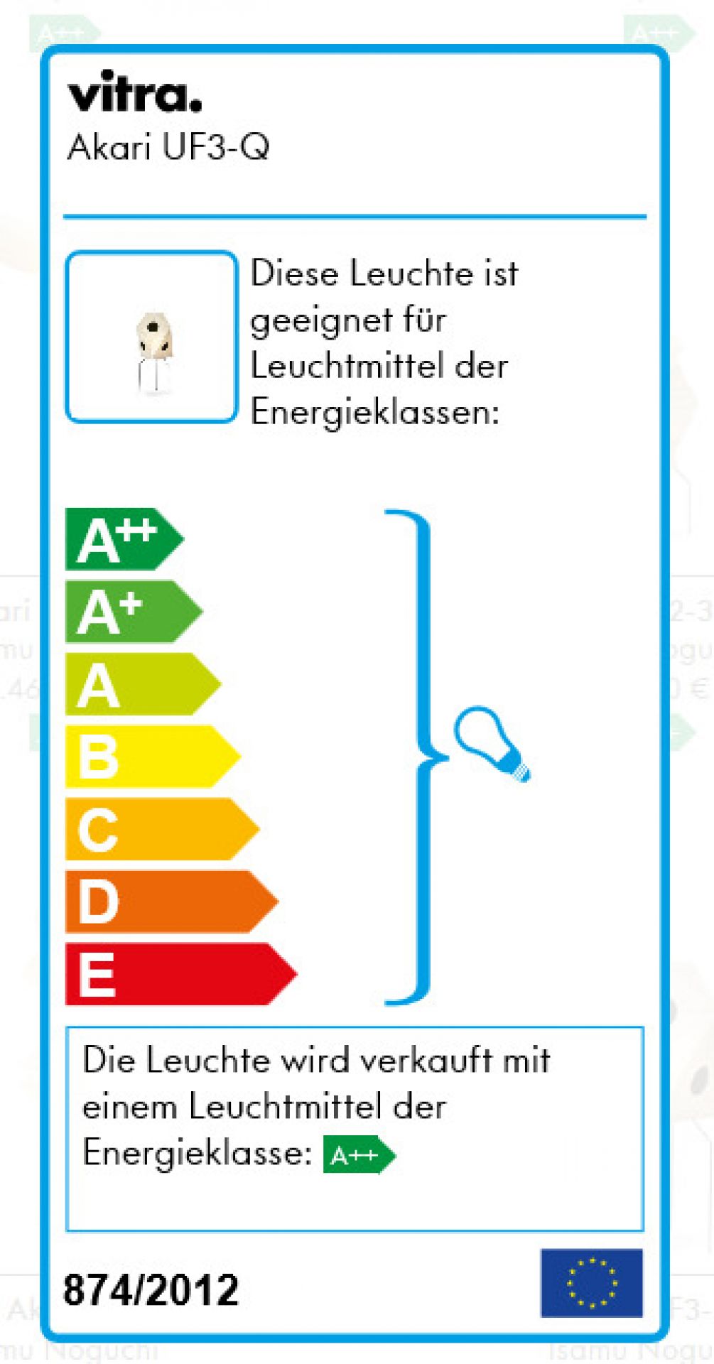 Energieeffizienzlabel der Akari Stehleuchte UF3-Q von Vitra, Informationen zu Energieklassen und Leuchtmittel.