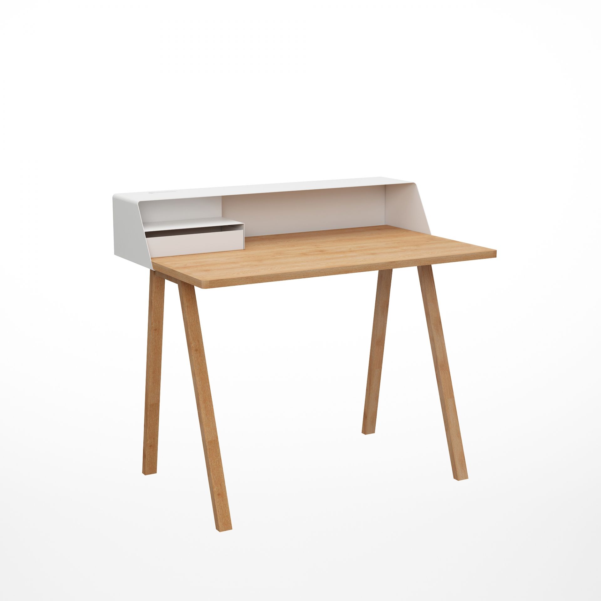 Weißer PS04 Sekretär mit Eichenplatte und Holzbeinen von Müller Möbelfabrikation. Moderner Schreibtisch für Büro oder Arbeitszimmer.