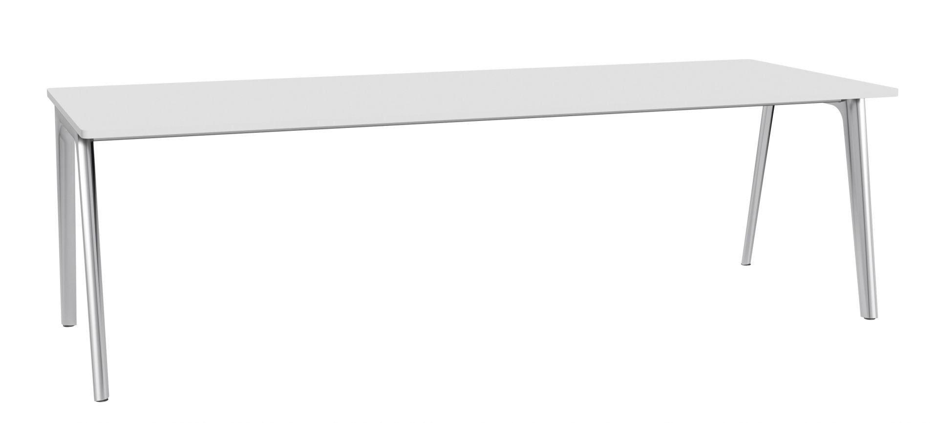 Weißer Pluralis Tisch von Fritz Hansen mit rechteckiger Tischplatte und silbernen Beinen.