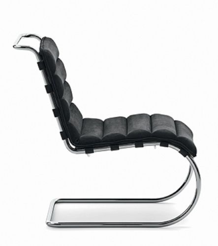MR Sessel Bauhaus Edition von Knoll International, Seitenansicht mit schwarzem Leder und Chromgestell.