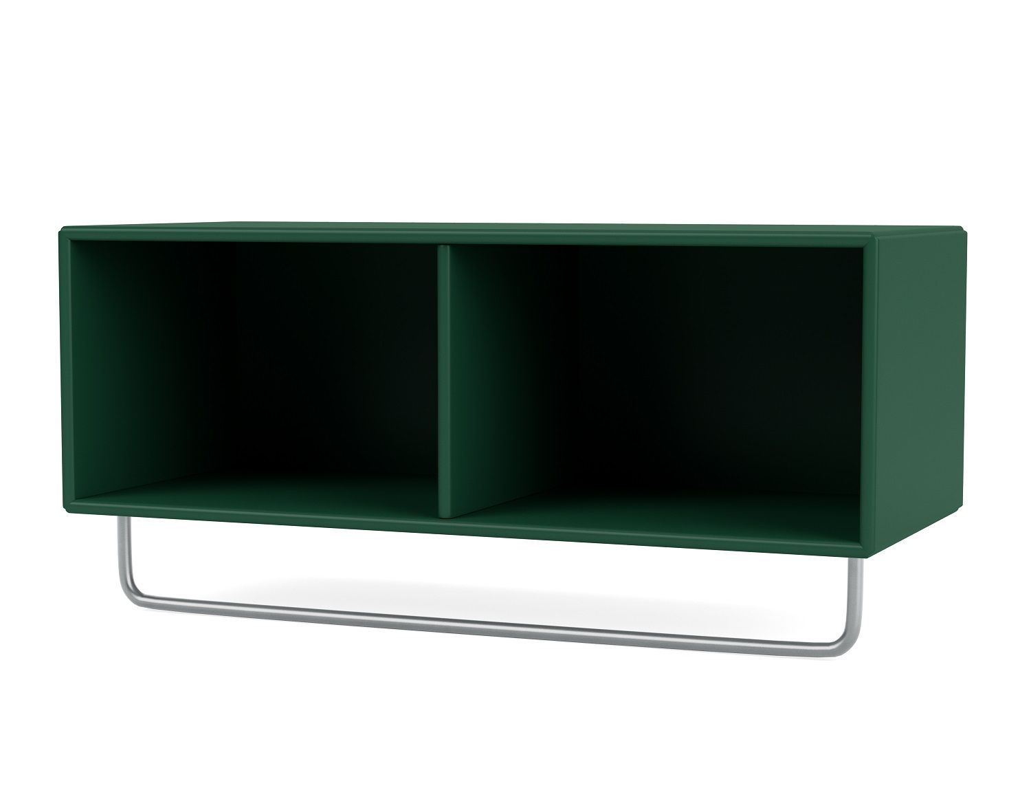 Grüne Montana Ablage mit zwei Fächern und silberner Kleiderstange für Jacken und Mäntel.