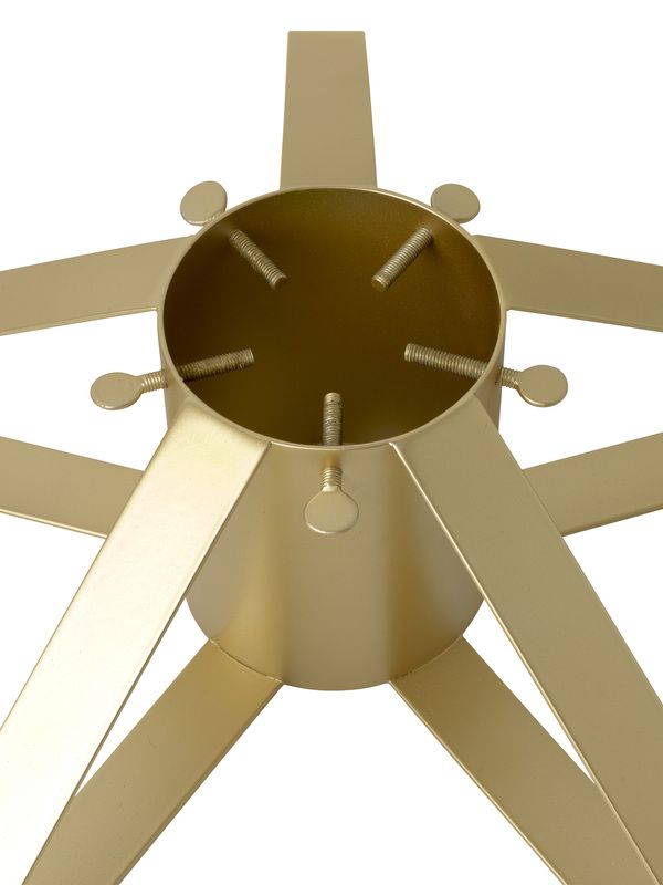 Messingfarbener Christbaumständer von Ferm Living, Detailaufnahme der Schrauben und der stabilen Fußkonstruktion.