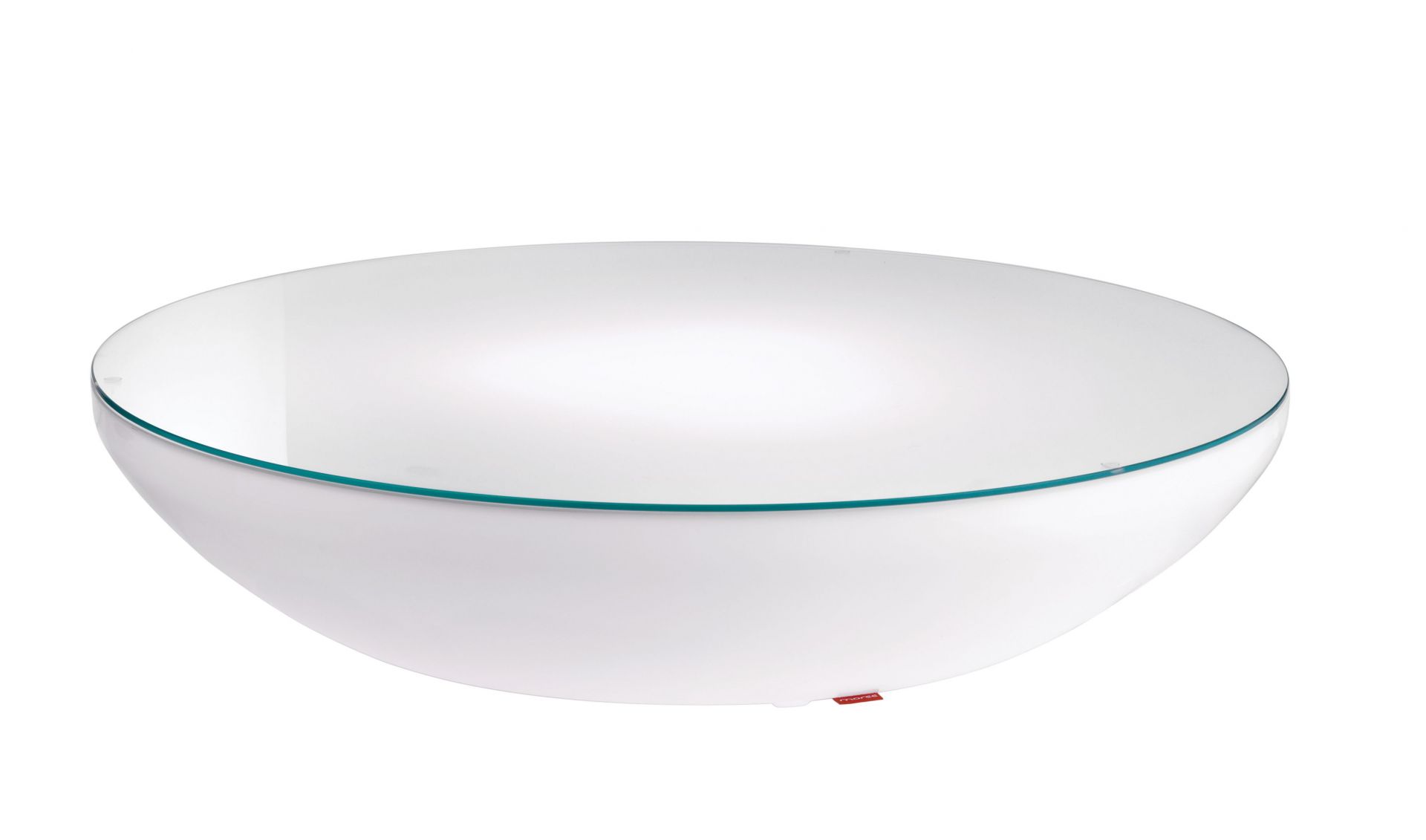 Weißer Moree Lounge Beistelltisch mit Glasplatte, ideal für Outdoor-Bereiche und stimmungsvolle RGB-Beleuchtung.