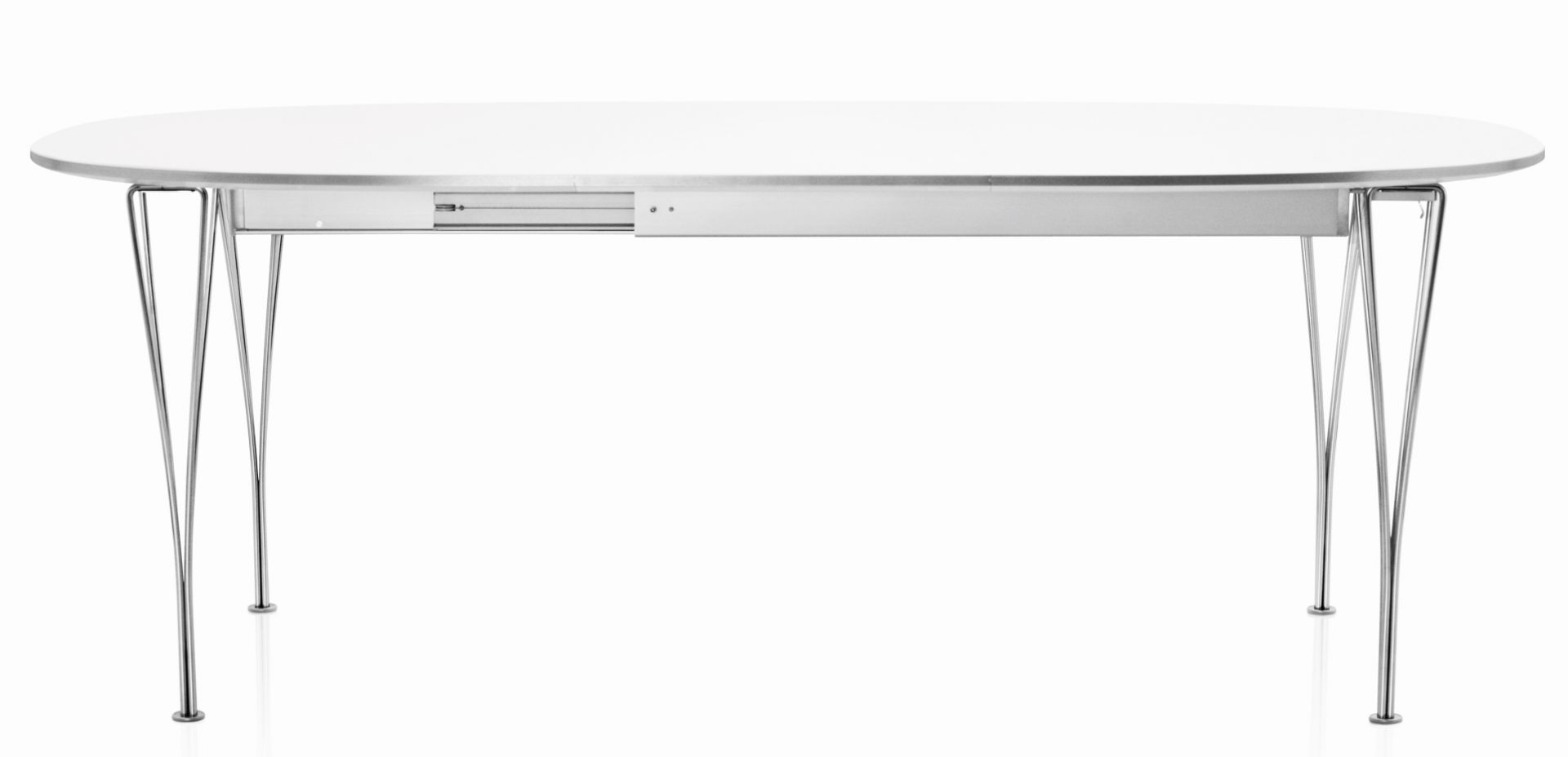 Fritz Hansen Super Elliptisch Ausziehtisch mit weißer Tischplatte und verchromtem Stahlgestell. Moderner Esstisch für Esszimmer.