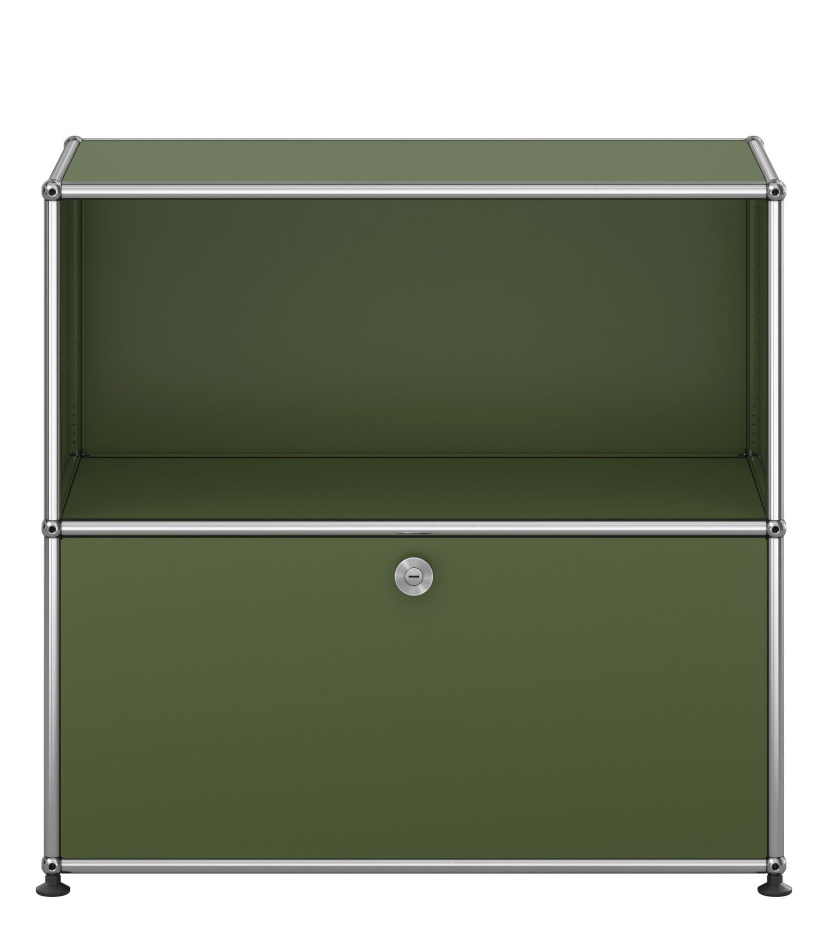 USM Haller Sideboard in Olivgrün mit einer Klappe und einem offenen Fach. Designklassiker für stilvolles Wohnen.