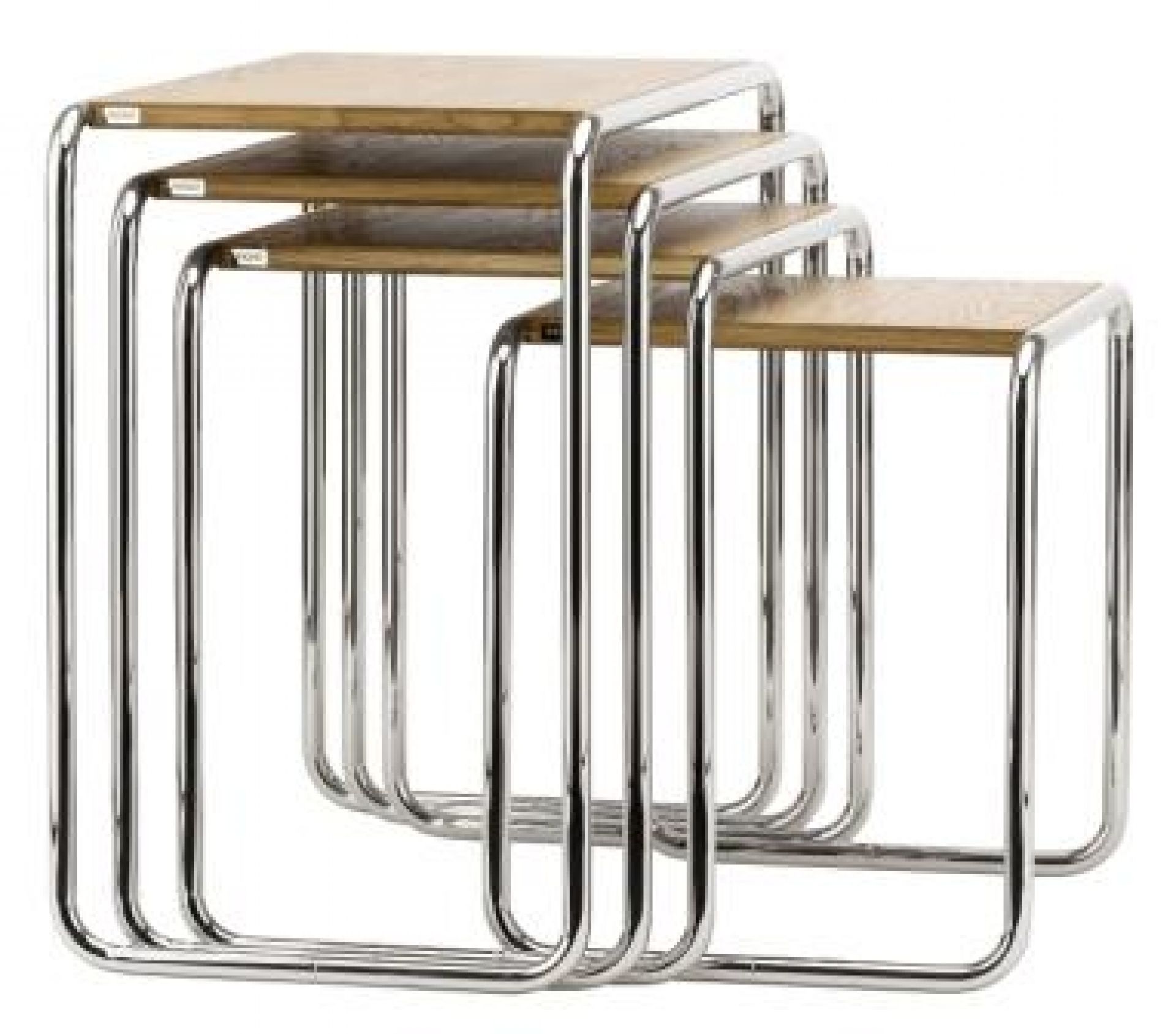 Set aus drei Thonet B 9 Beistelltischen mit Stahlrohrgestell und Holzplatte, gestapelt.