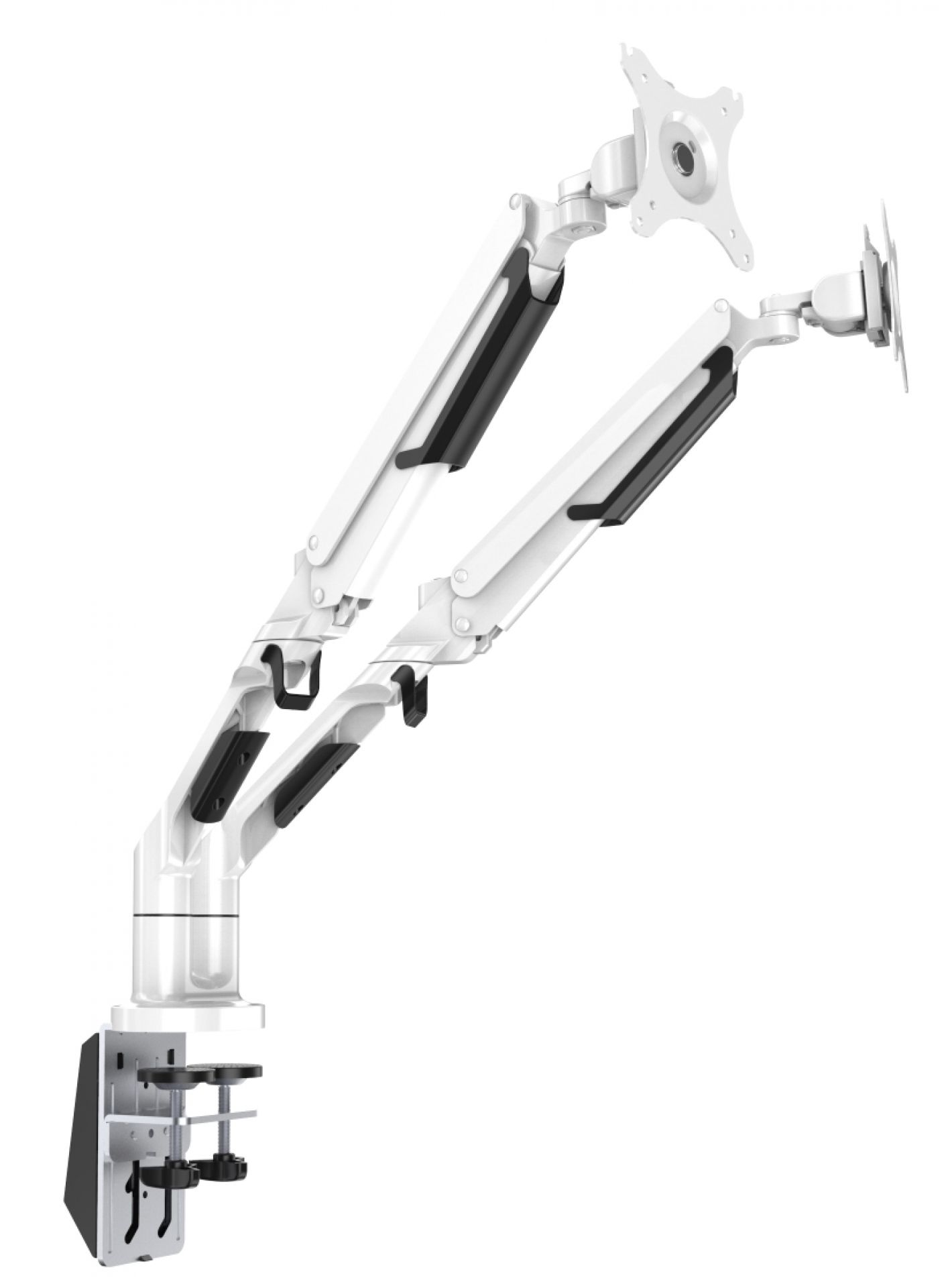 Weißer Monitor Schwenkarm mit Tischklemme zur flexiblen Bildschirmpositionierung am Arbeitsplatz. Ergonomische Monitorhalterung für mehr Komfort.