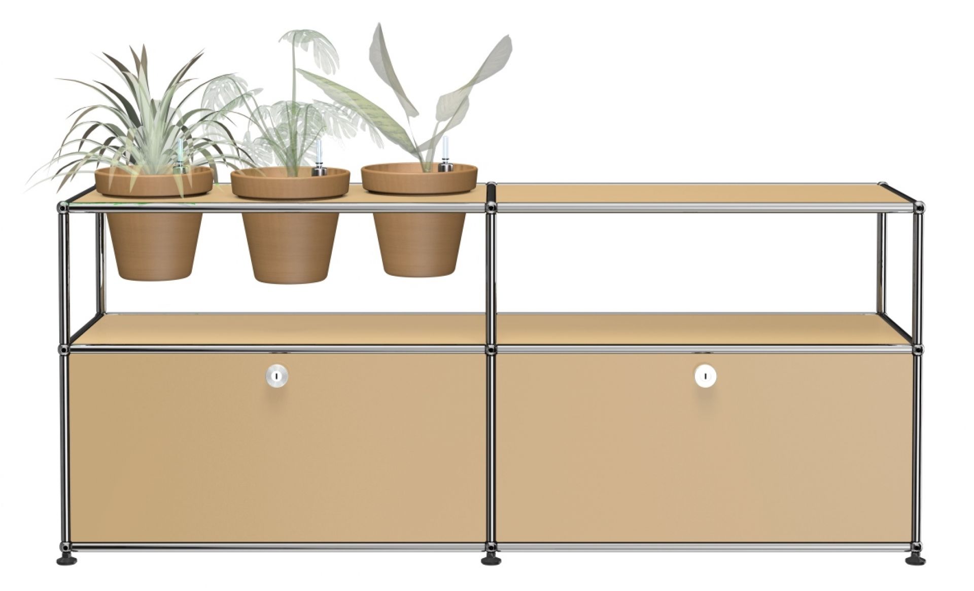 Beiges USM Haller Sideboard mit Pflanzenwelten-Konfiguration, zwei Schubladen und Pflanzen auf der Oberseite.
