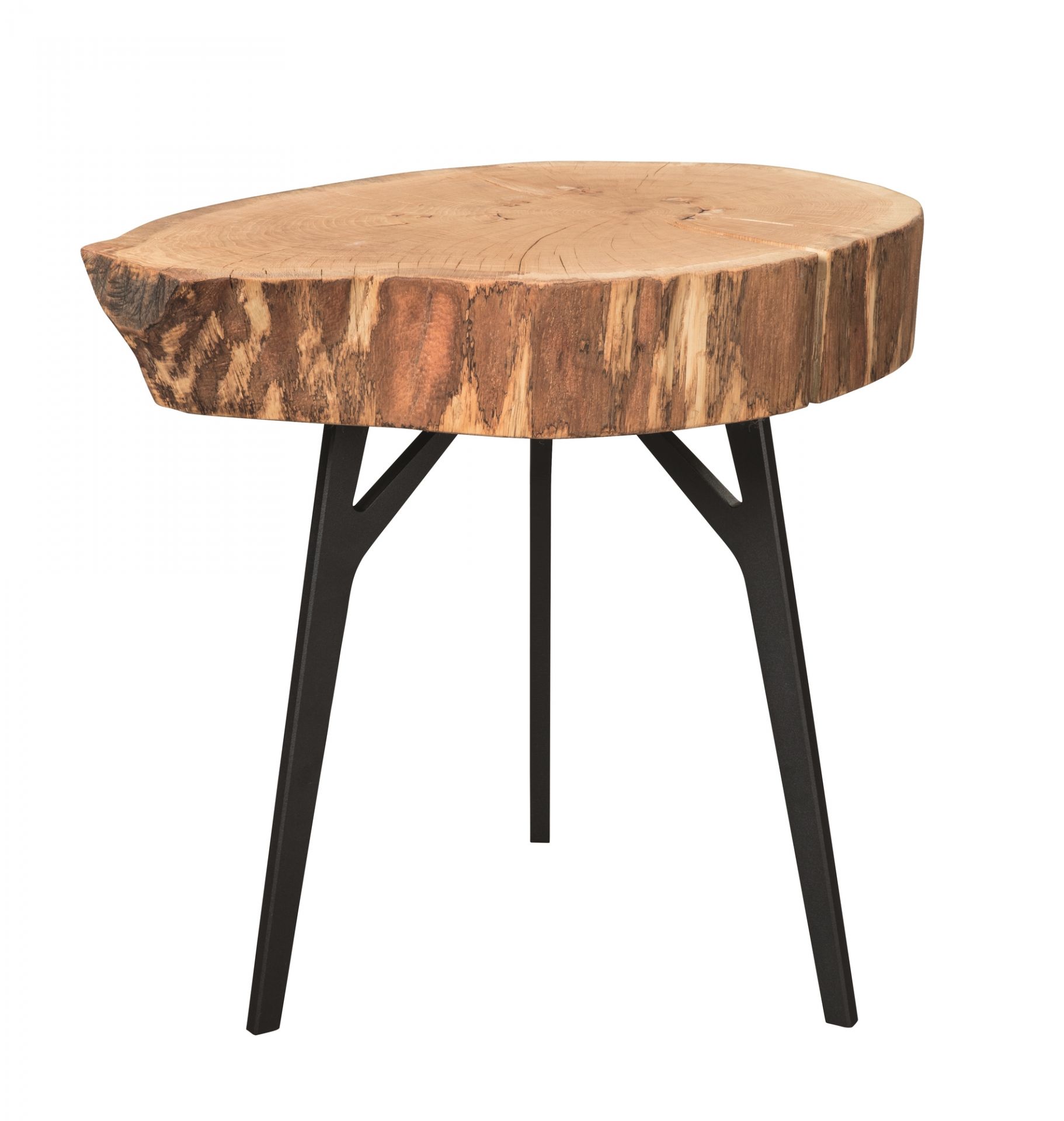 Stomp Beistelltisch mit Baumscheiben-Tischplatte und schwarzen Metallbeinen. Moderner Holztisch für Wohnzimmer und Schlafzimmer.