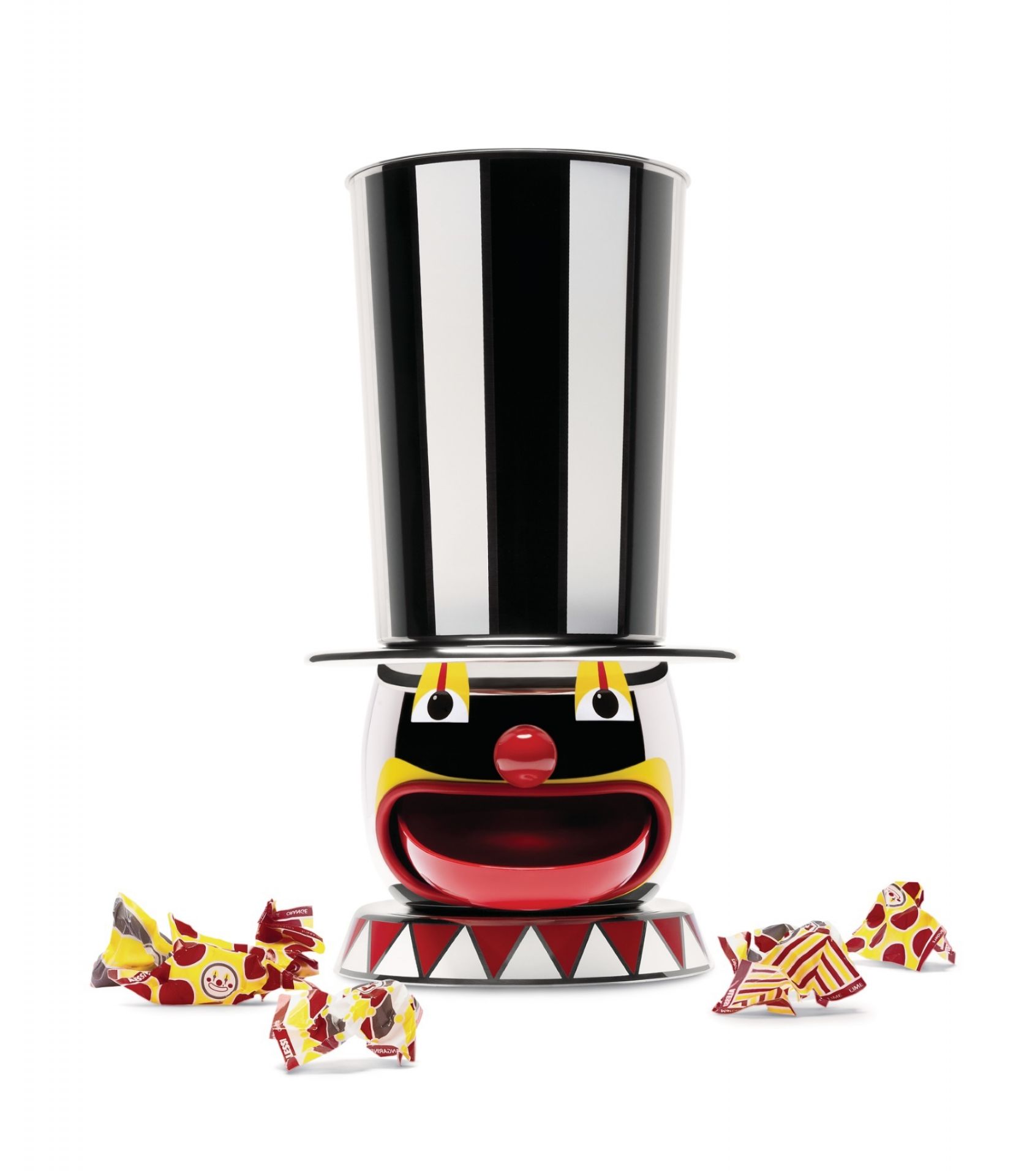 Alessi Circus Candyman Bonbonspender, limitierte Edition. Verspieltes Design mit Zirkus-Motiv und Süßigkeiten.