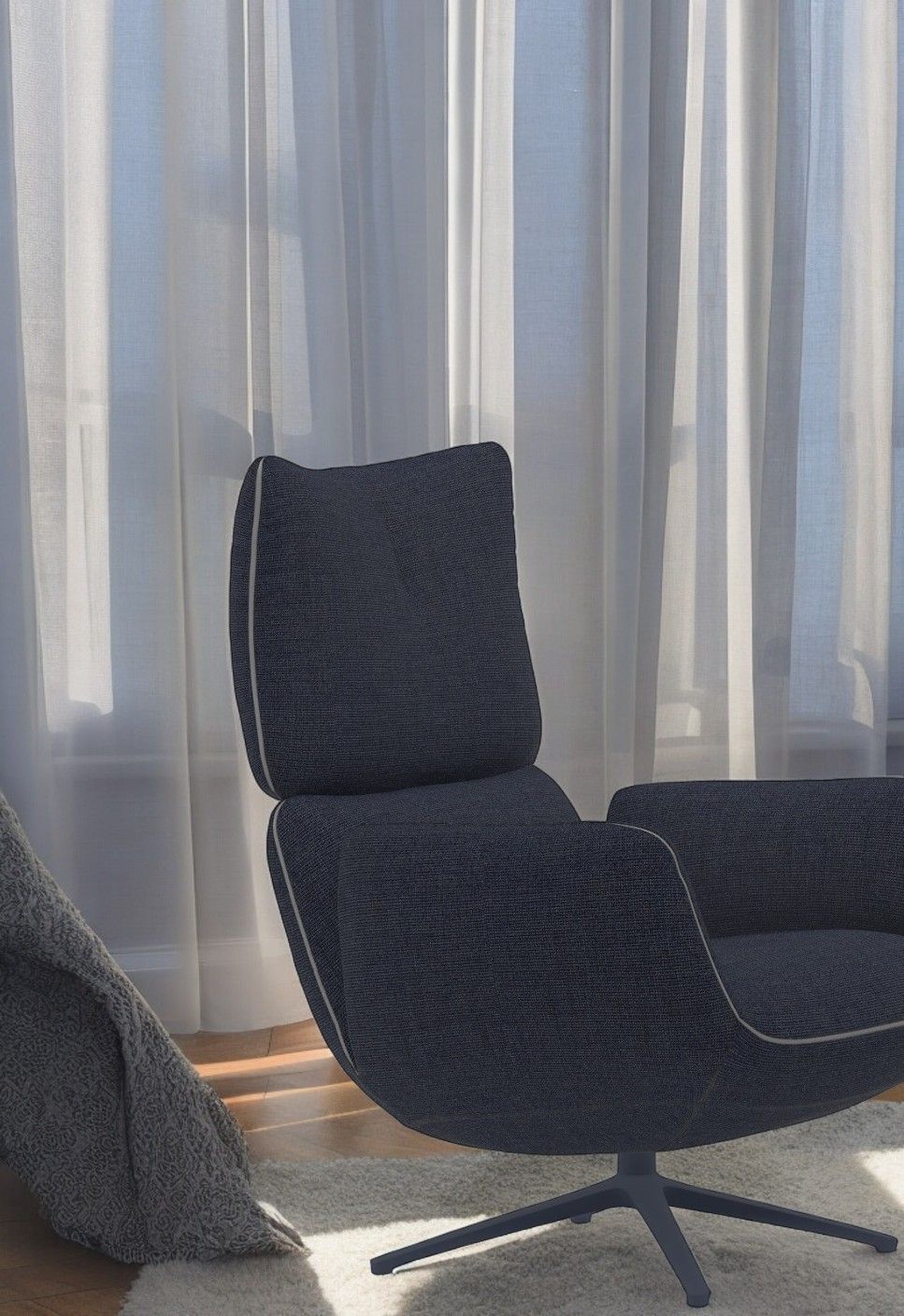 Jalis Lounge Sessel von Cor, dunkelblauer Drehsessel mit Kippmechanik und 4-Fuß-Gestell.