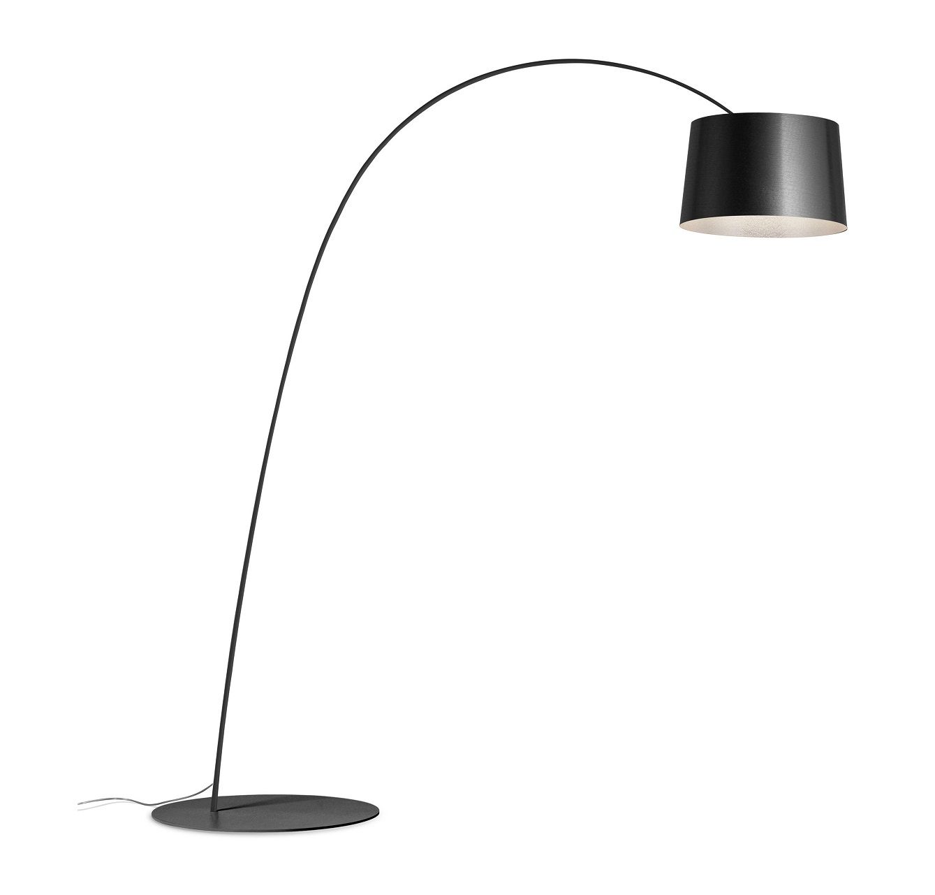 Schwarze Twiggy Stehleuchte von Foscarini mit gebogenem Lampenfuß und zylindrischem Lampenschirm für Wohnzimmer und Büro.