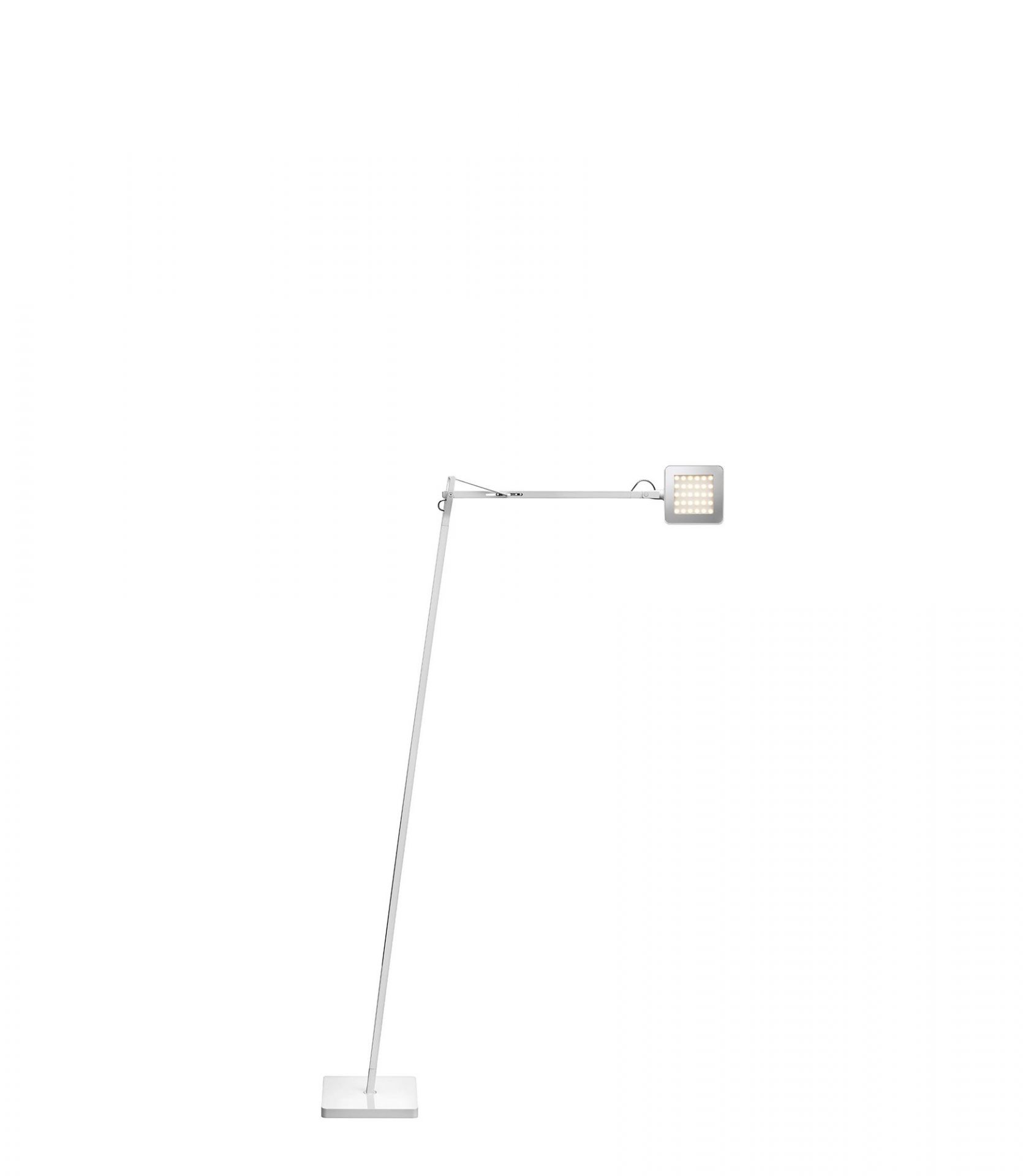 Weiße Kelvin LED Stehleuchte von Flos mit verstellbarem Arm und quadratischem Leuchtenkopf.