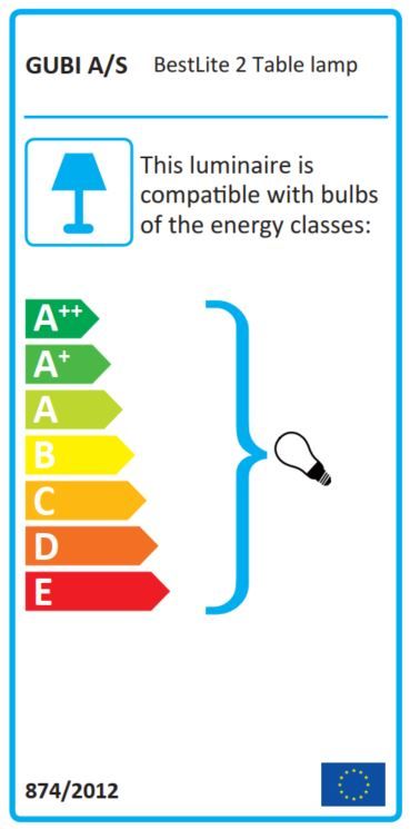 Energieeffizienzlabel der Bestlite BL2 Tischleuchte von Gubi, kompatibel mit Leuchtmitteln der Klassen A++ bis E.