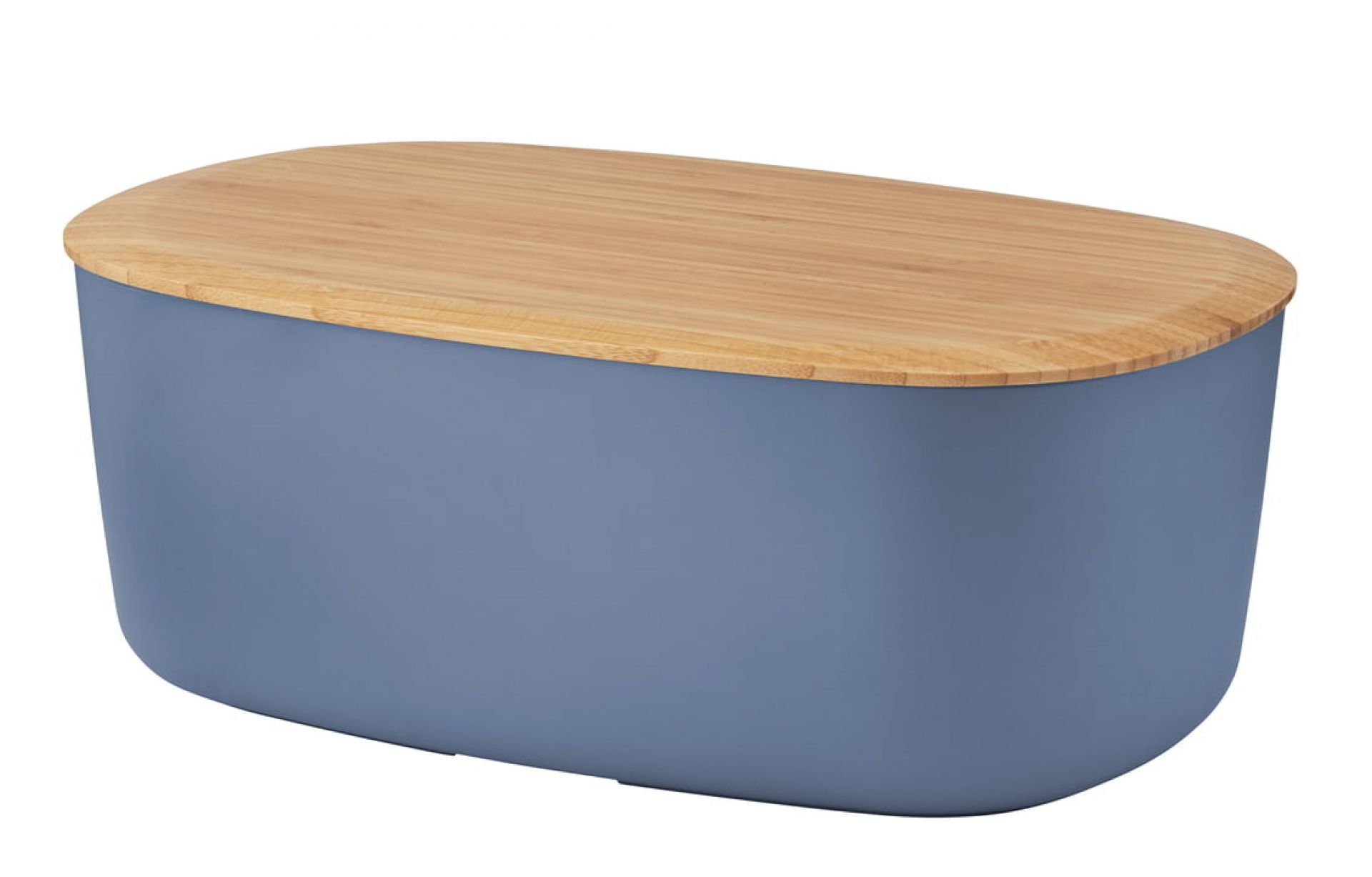 Dunkelblauer Box-It Brotkasten von RIG TIG by Stelton mit Bambusdeckel zur Aufbewahrung von Brot.