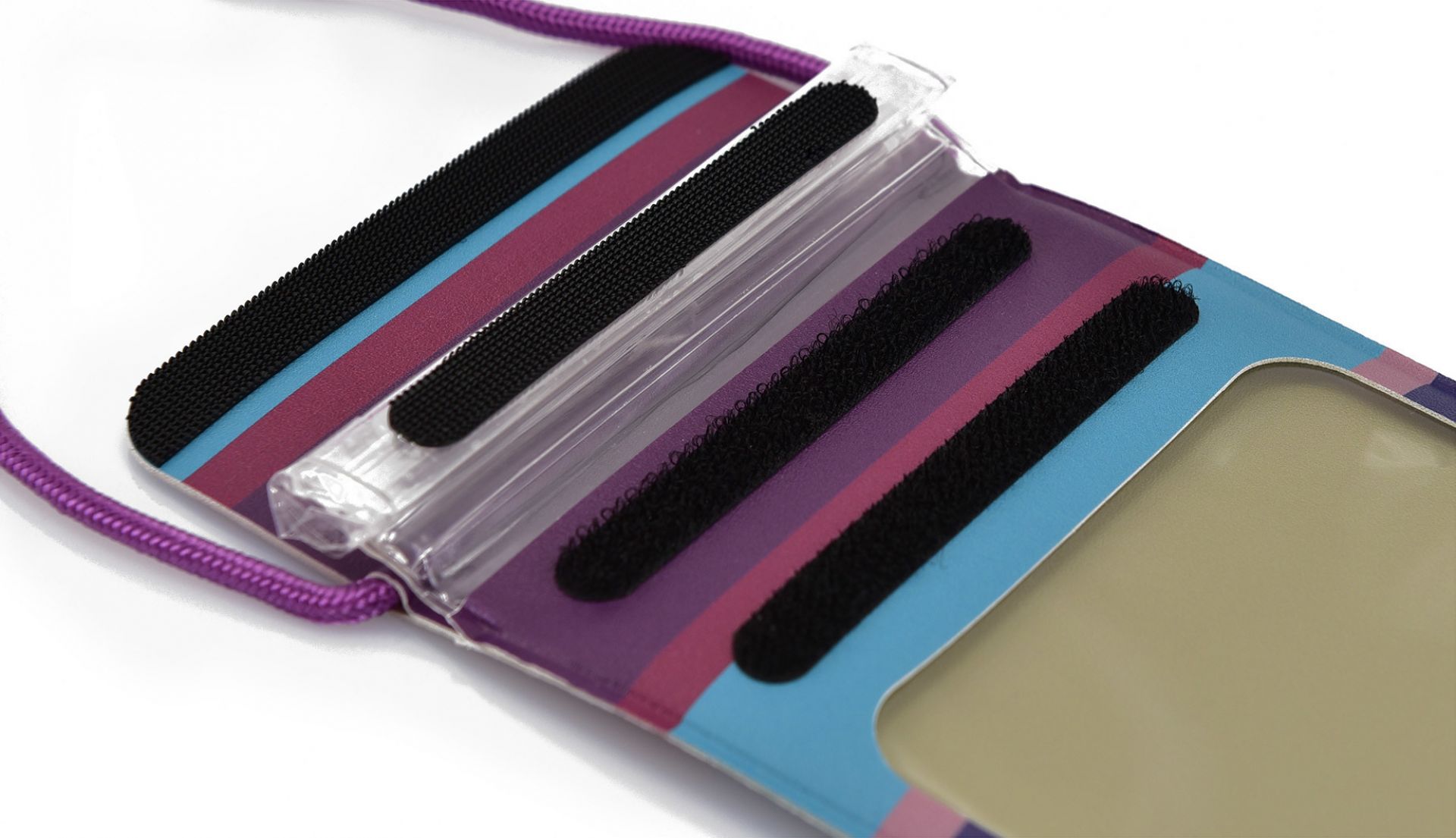 Costa Handytasche: Wasserdichte Handytasche mit lila Trageband und Streifenmuster, ideal für den Strand.