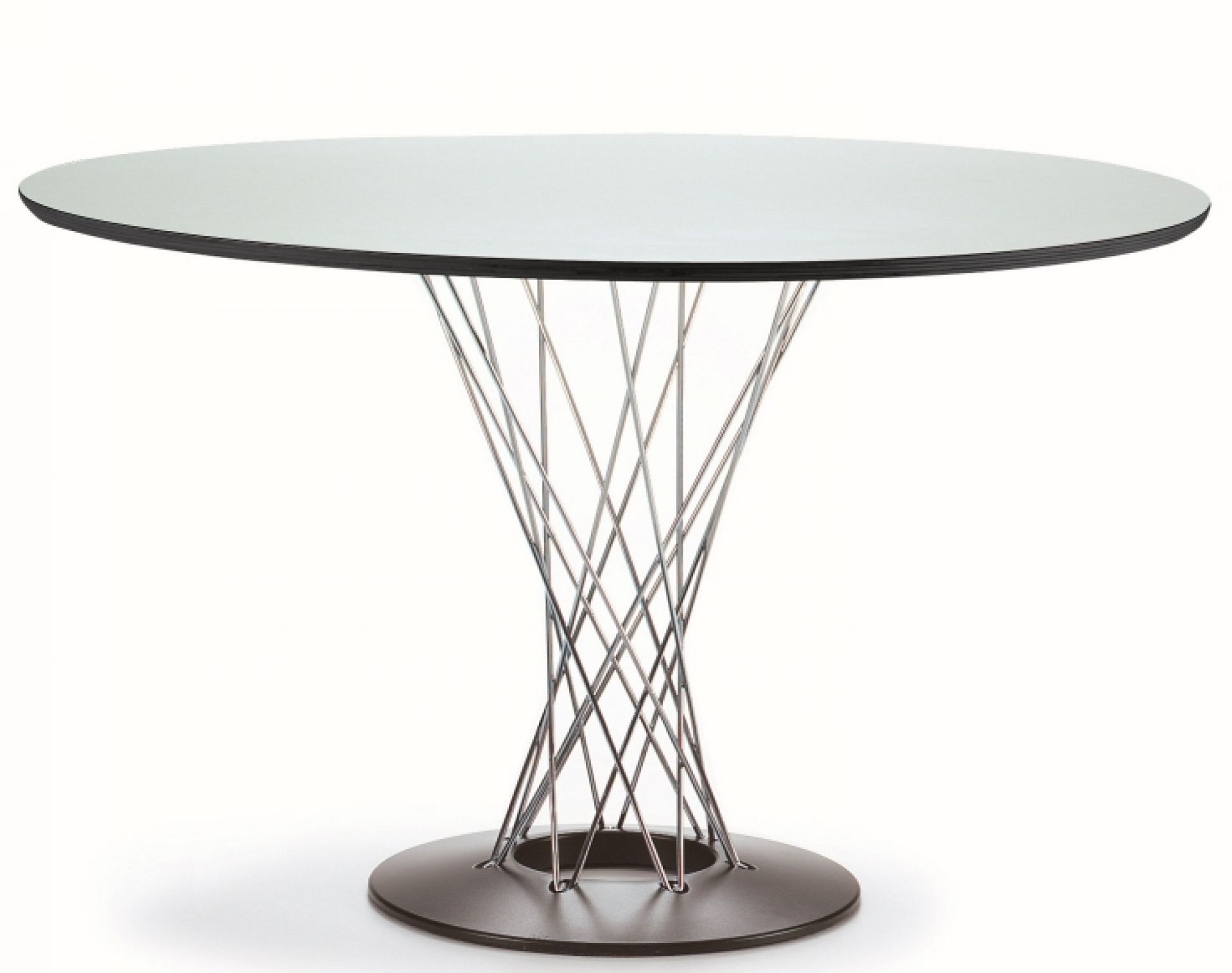 Runder Esstisch Noguchi mit weißer Tischplatte und verchromtem Drahtgestell. Design Tisch.