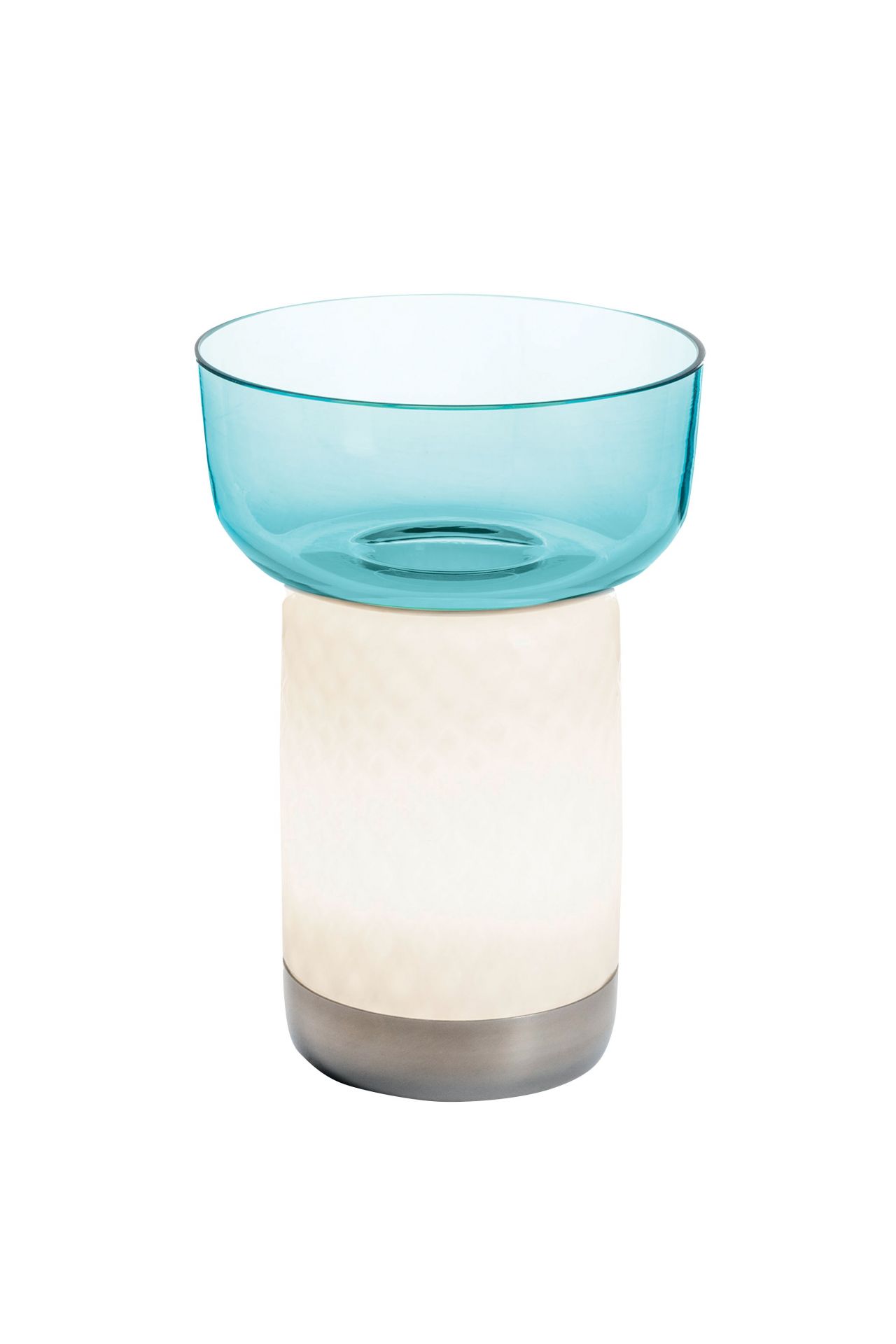 Bontà Akkuleuchte von Artemide mit blauer Schale, Tischleuchte, kabellos, modernes Design.