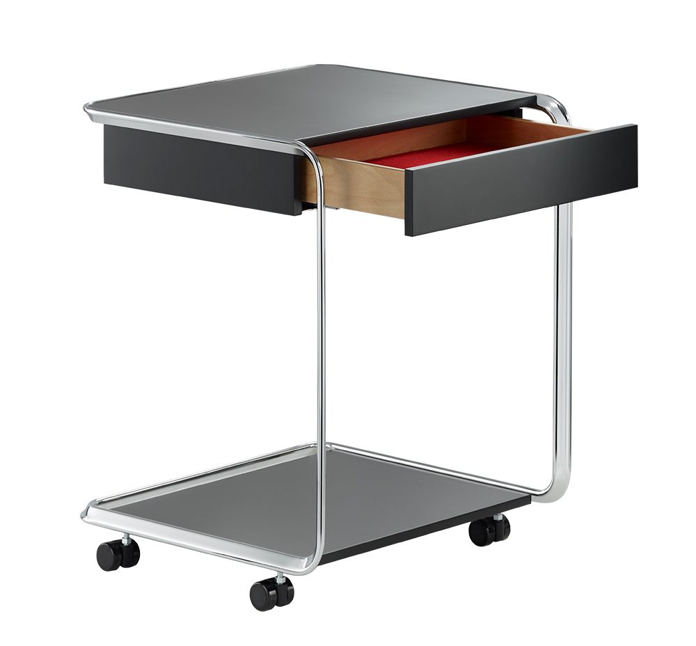 K3CR Beistelltisch von Tecta, H60cm, mit offener Schublade und Rollen. Moderner, schwarzer Nachttisch.